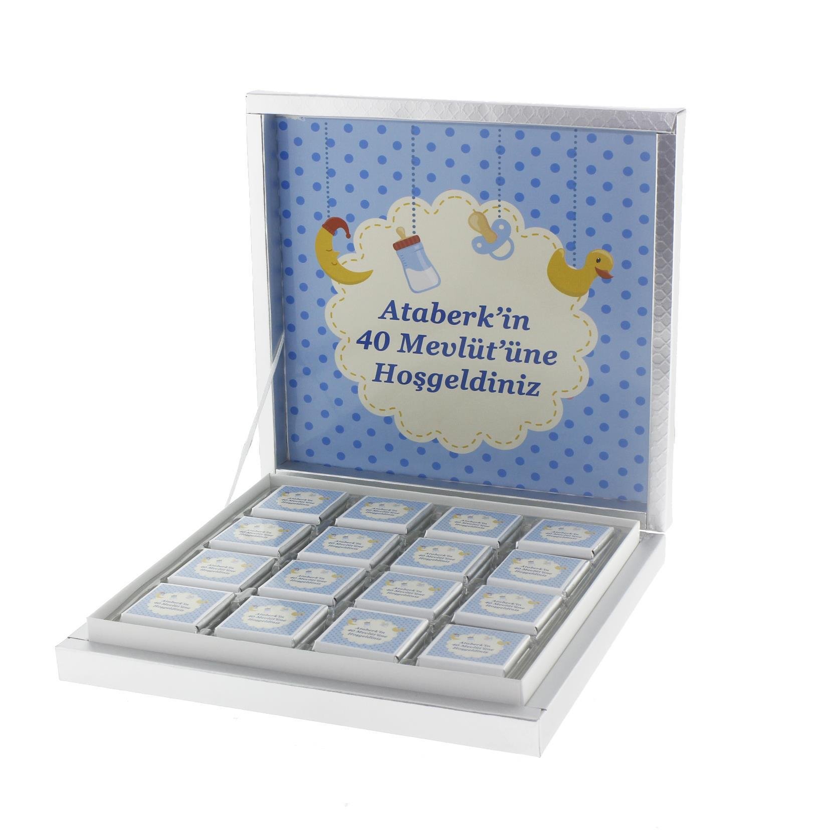 48 Adet İsim Etiketli Mavi Bebek Çikolatası Madlen Desenli