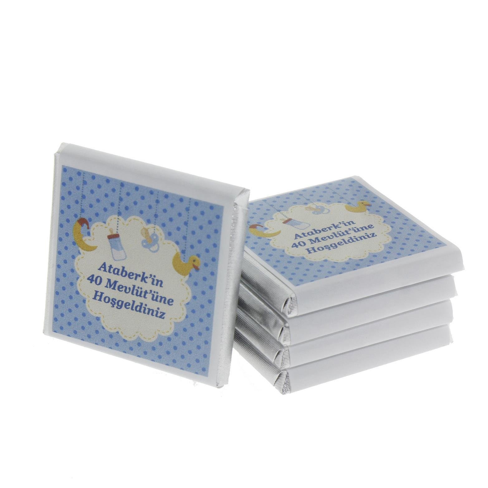 48 Adet İsim Etiketli Mavi Bebek Çikolatası Madlen Desenli