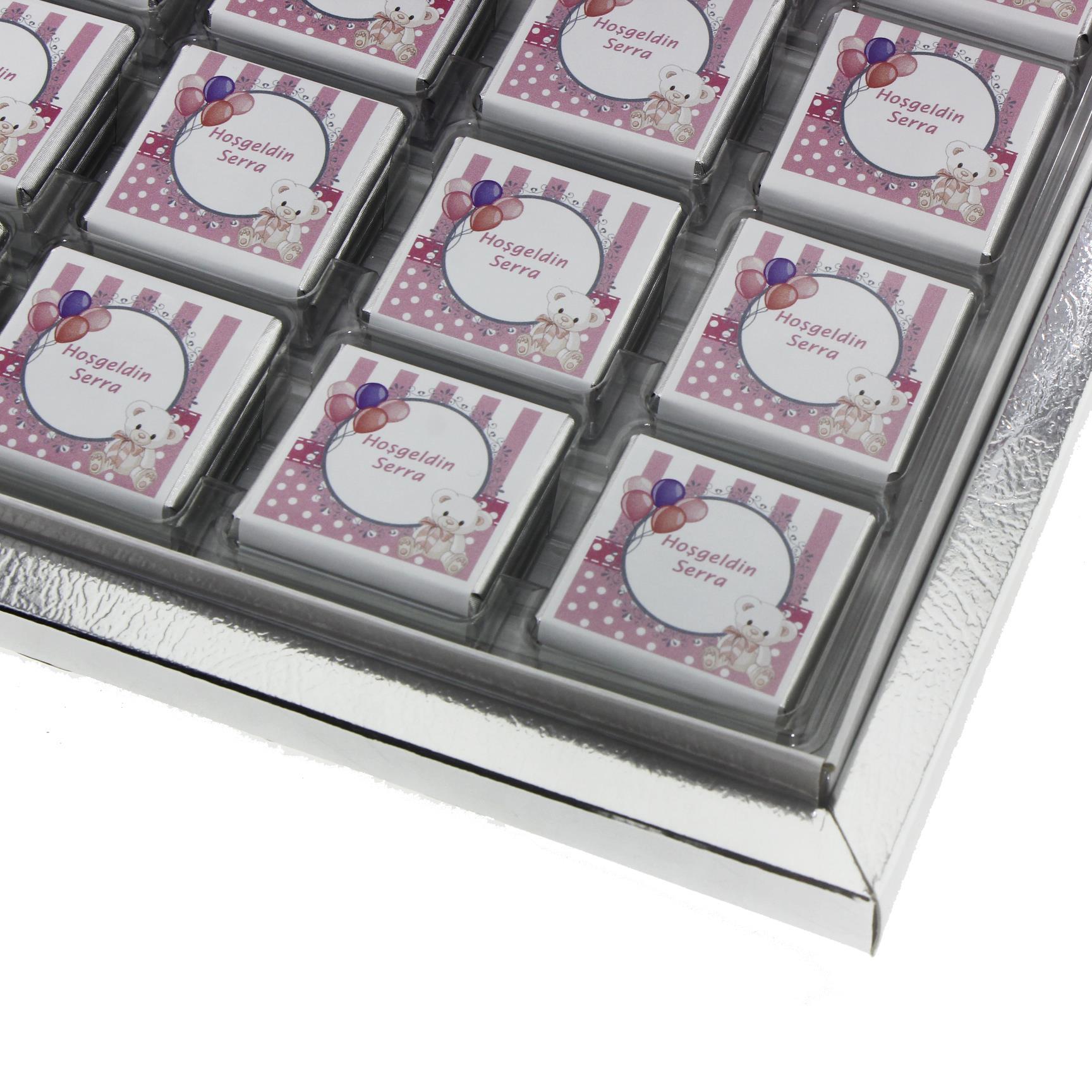 48 Adet İsim Etiketli Pembe Ayıcık Madlen Bebek Çikolata