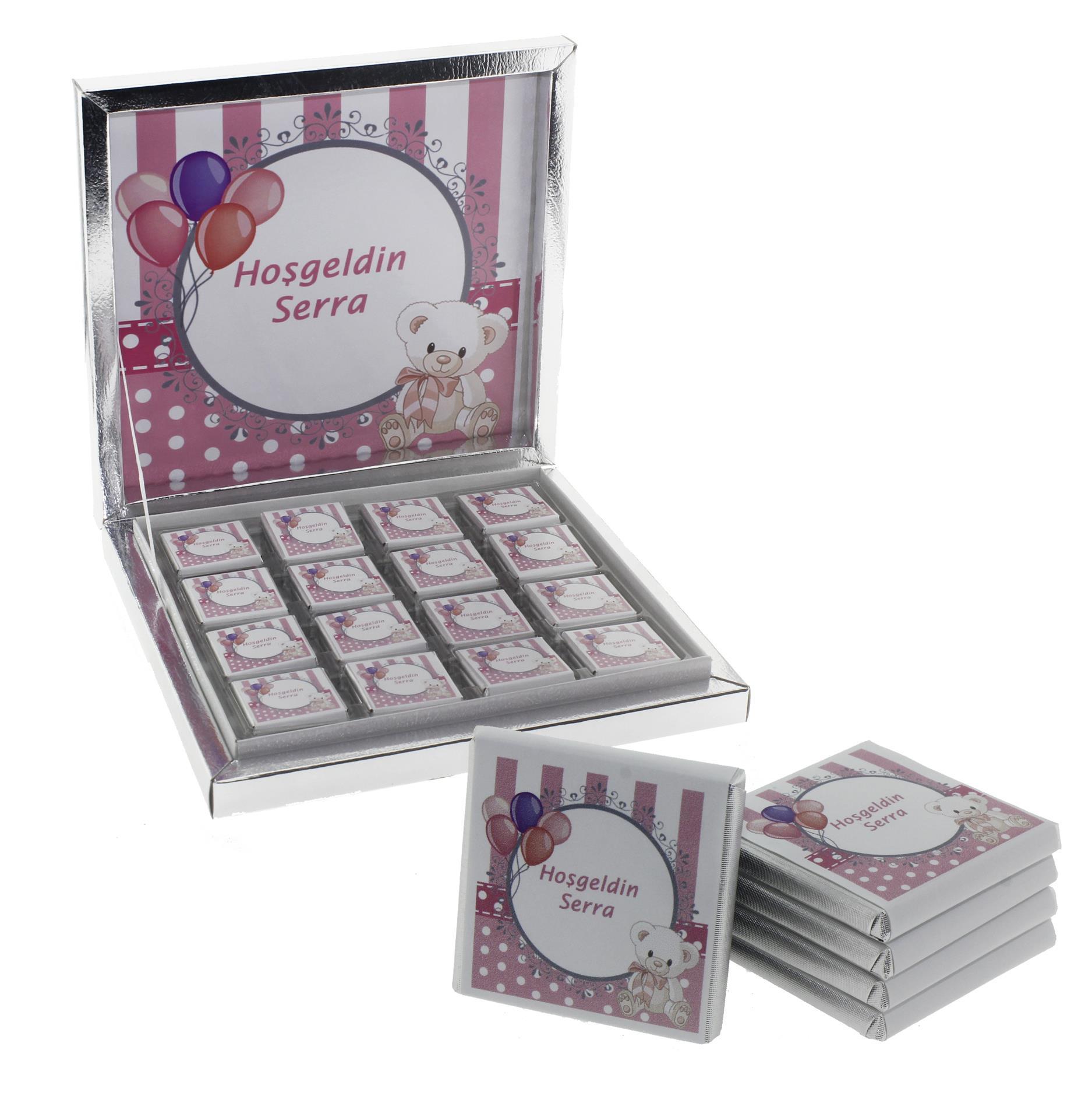 48 Adet İsim Etiketli Pembe Ayıcık Madlen Bebek Çikolata