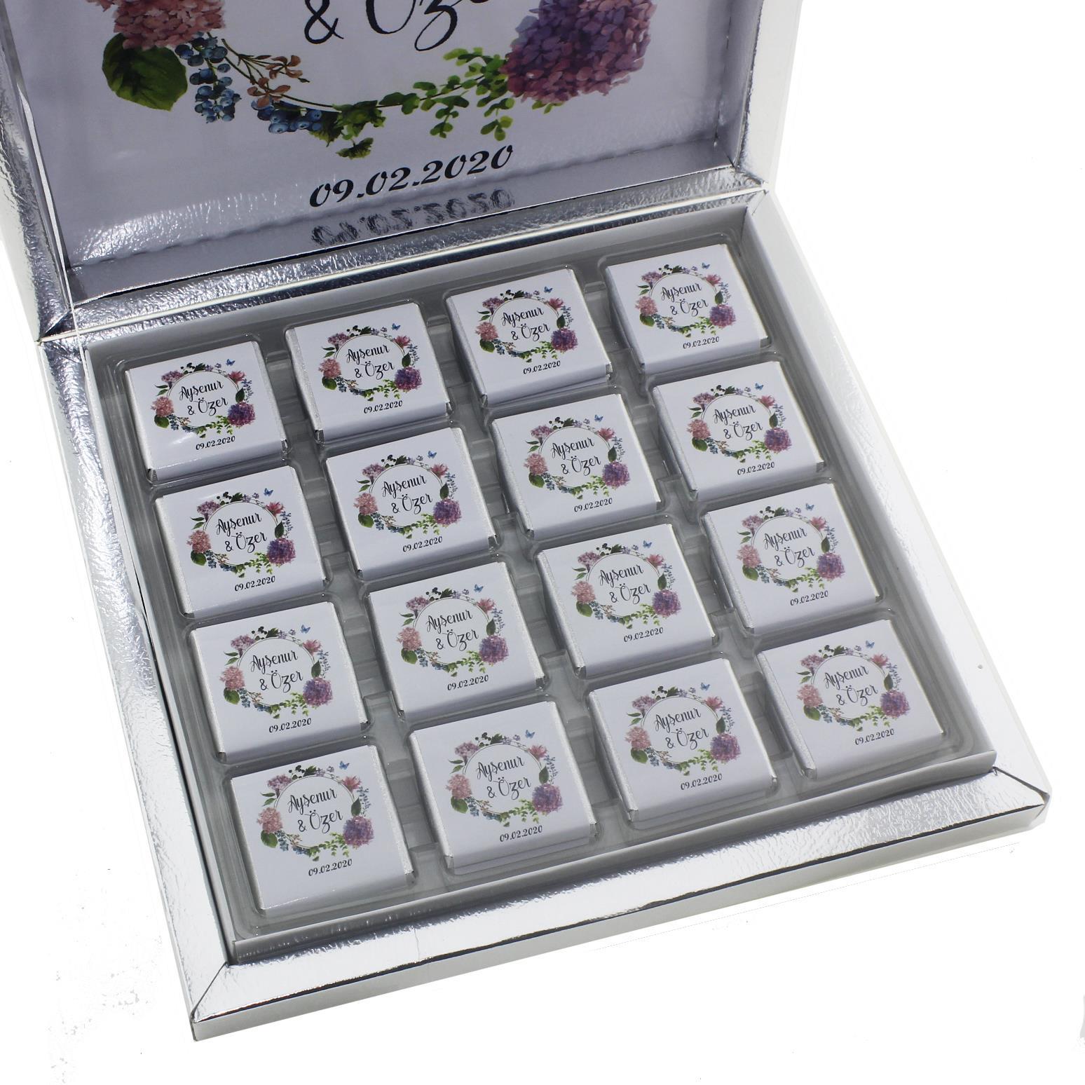 48 Adet Ortanca Çiçekli Söz Nişan Çikolatası İsme Özel