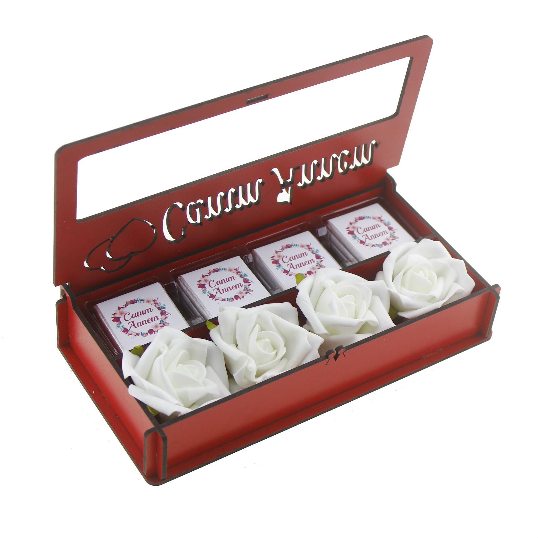 Ahşap Kutuda Canım Annem Çikolata ve 3 Adet Yapay Sukulent Seti