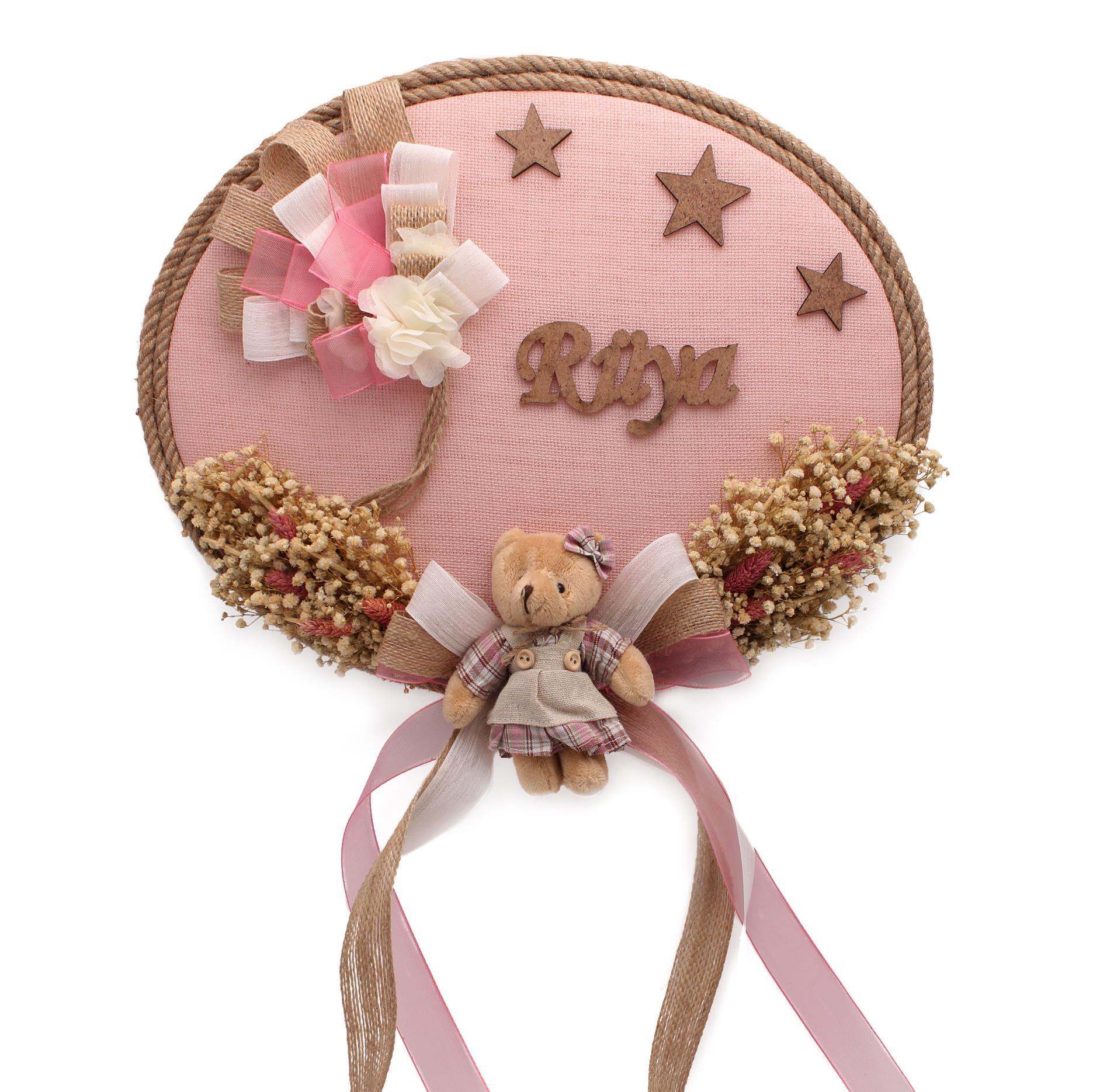 Bebek Kapı Süsü Ahşap İsimli Ayıcıklı Pembe