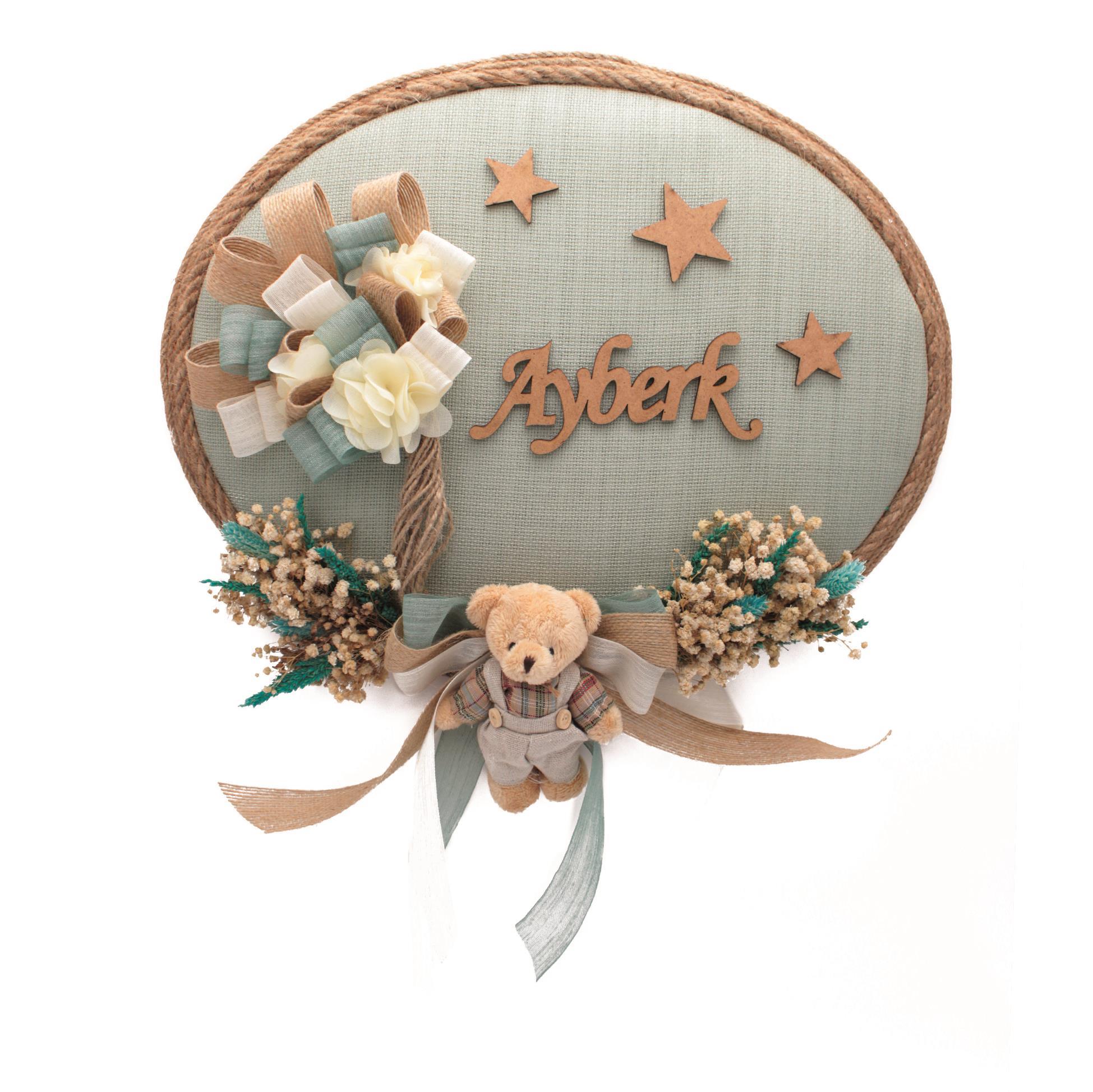 Bebek Kapı Süsü Ahşap İsimli Ayıcıklı Mavi