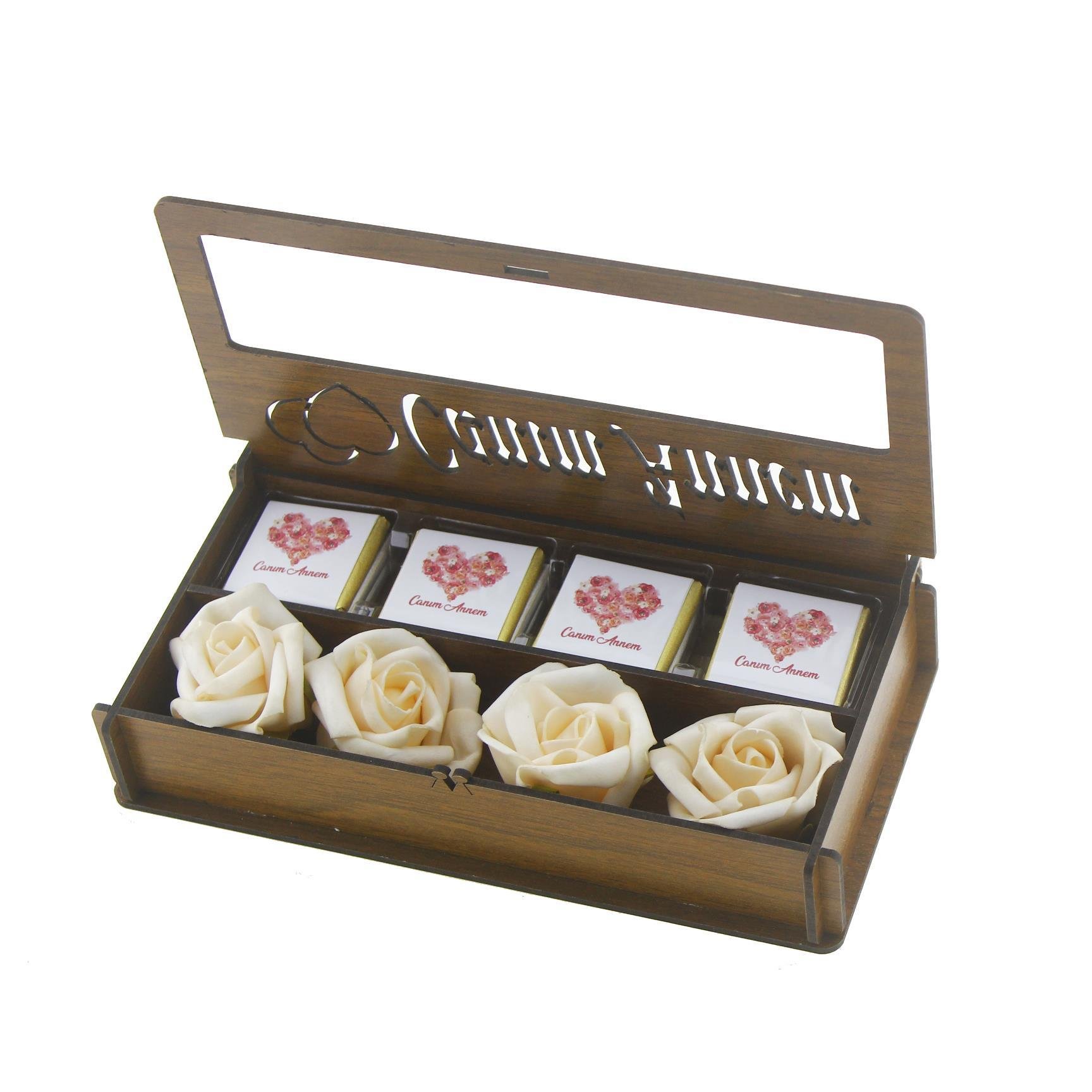Çiçekli Ahşap Kutuda Canım Annem 12 Adet Çikolata