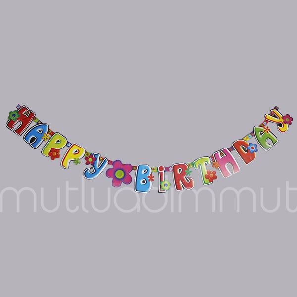 Çiçekli Happy Birthday Flama Bayrak Banner