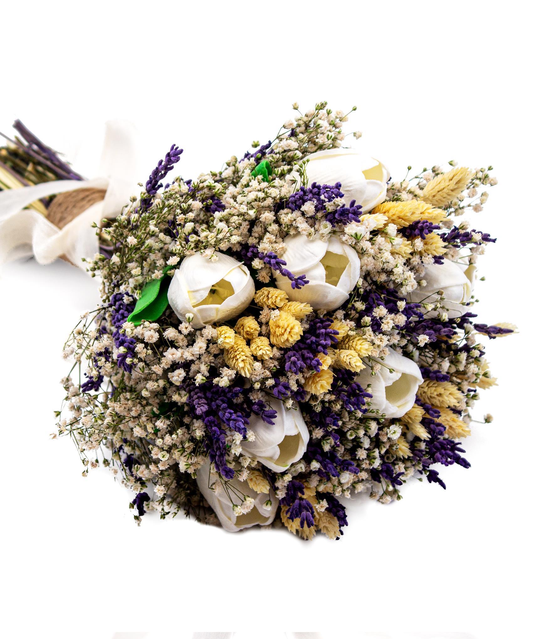 Gelin El Buketi Çiçeği Doğal Cipso ve 10 Adet Yapay Laleli