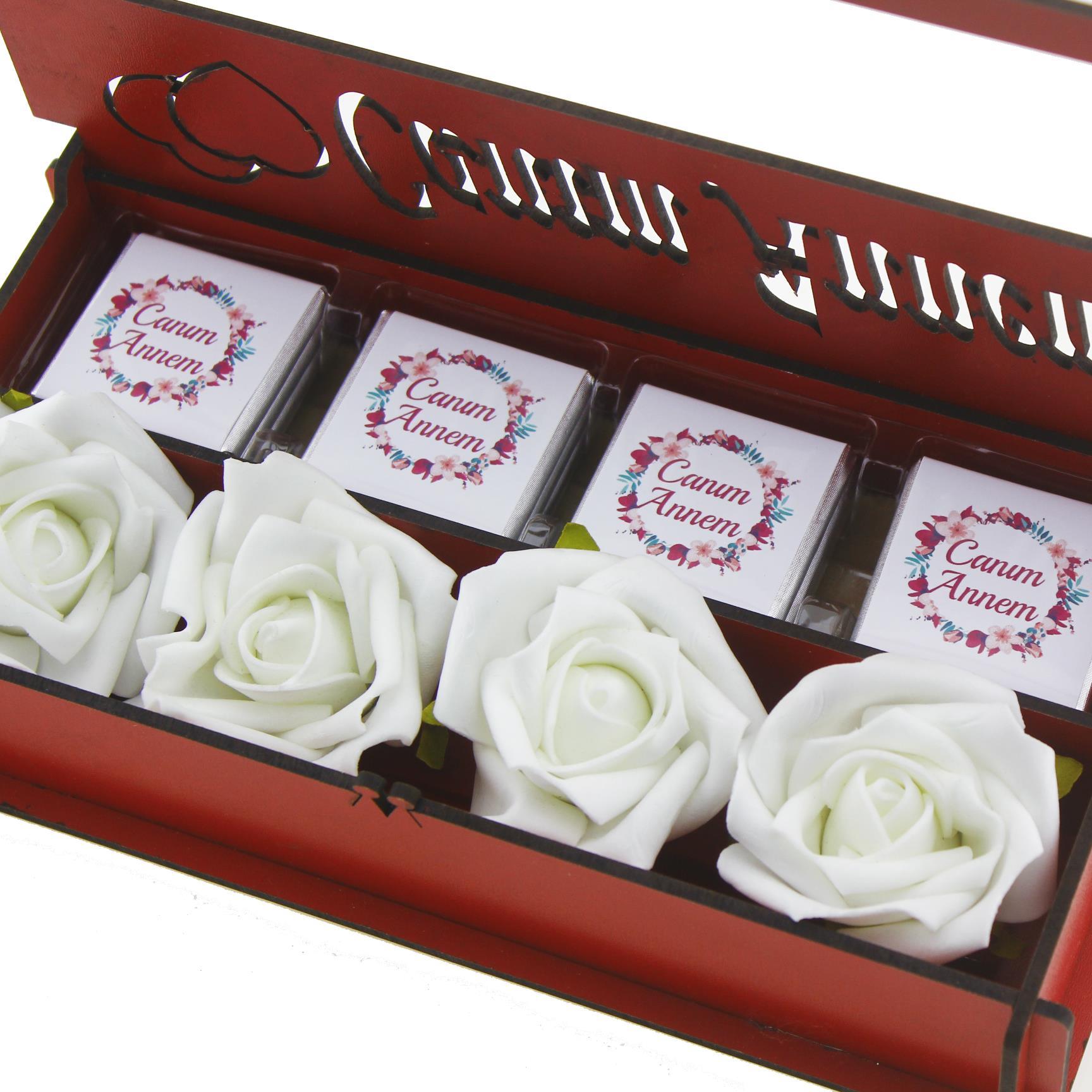 Kırmızı Ahşap Kutuda Çiçekli Canım Annem 12 Adet Çikolata