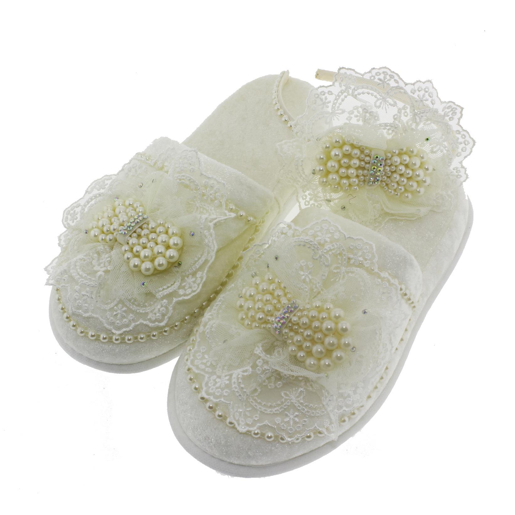 Lohusa Terliği ve Tacı Seti Krem İnci Fiyonklu