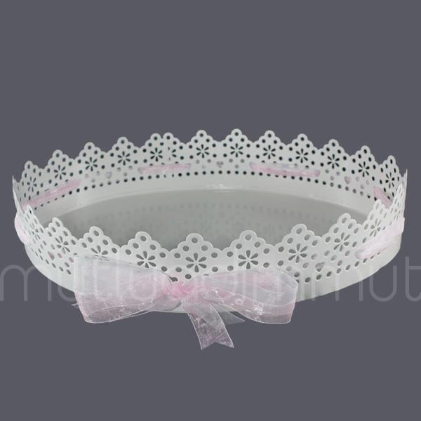Pembe Kurdelalı Oval Metal Tepsi