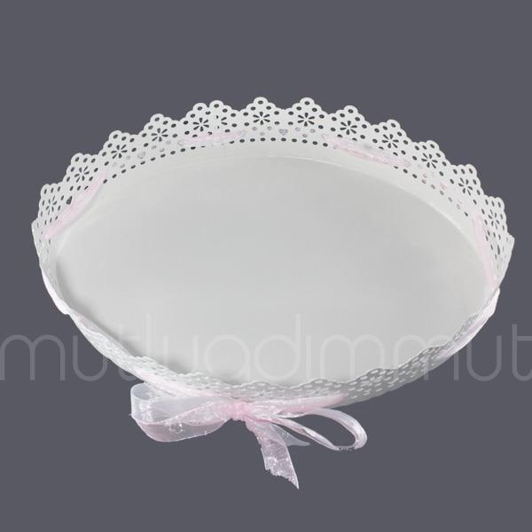 Pembe Kurdelalı Oval Metal Tepsi