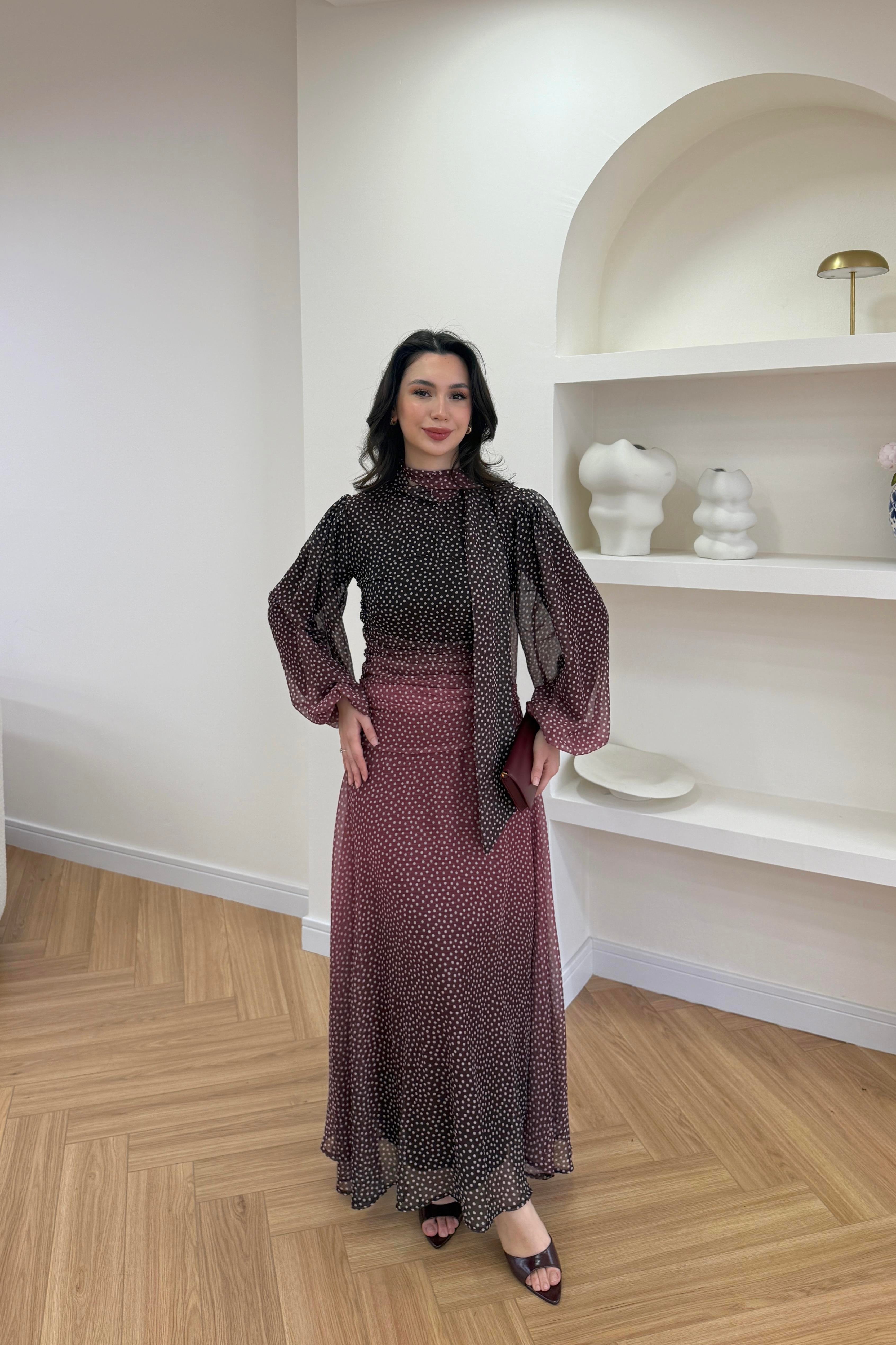 AMOURE DRAPE DETAYLI ELBİSE - BORDO