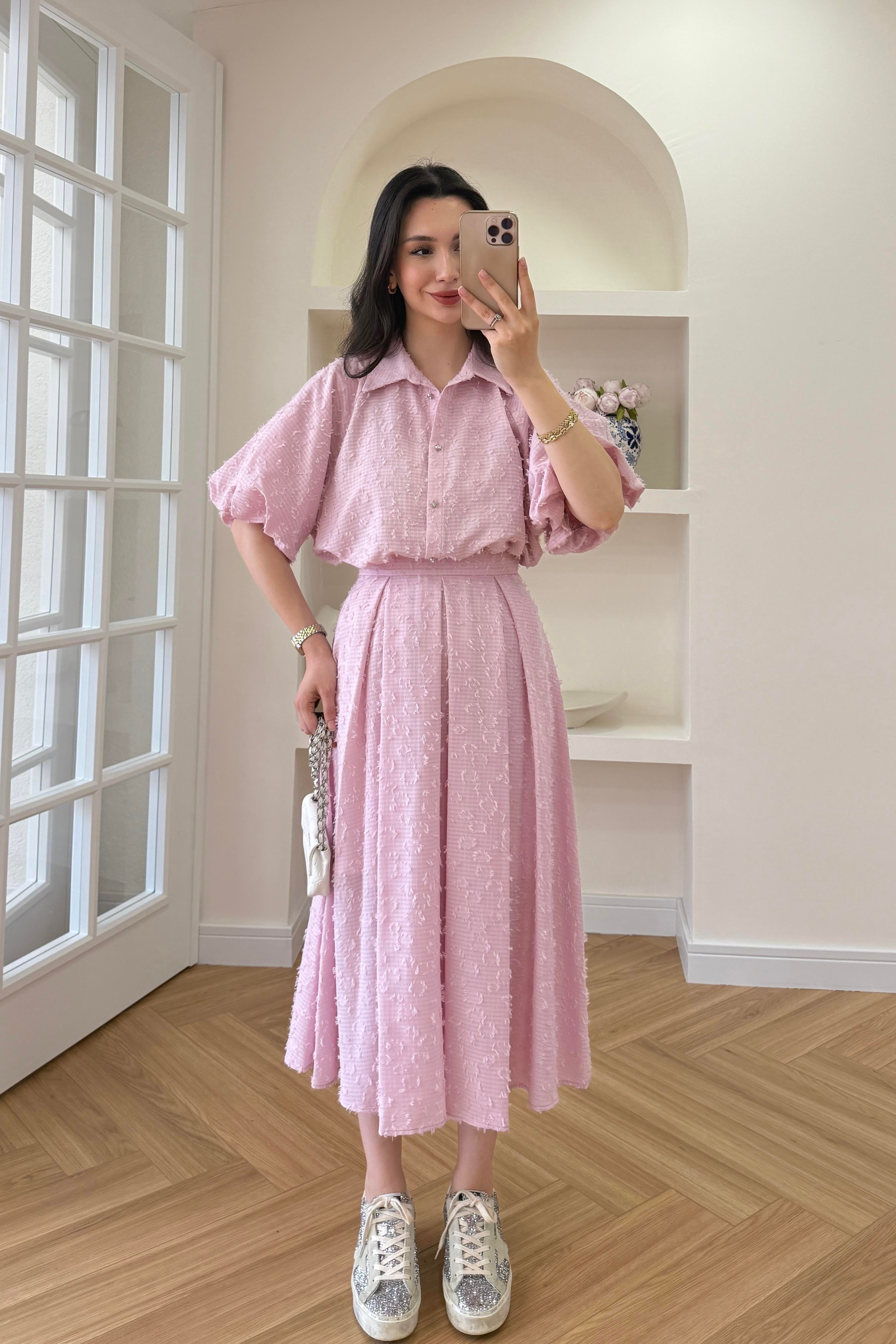 BALON KOL PİLELİ ETEK TAKIM - PEMBE
