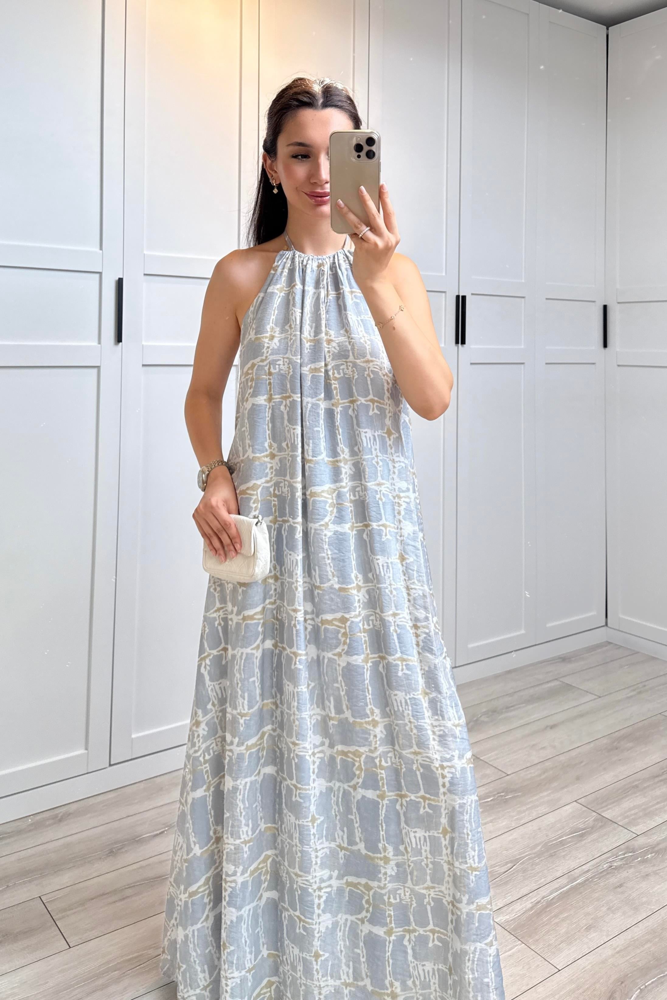 BATİK DESEN SIRT DEKOLTELİ ELBİSE