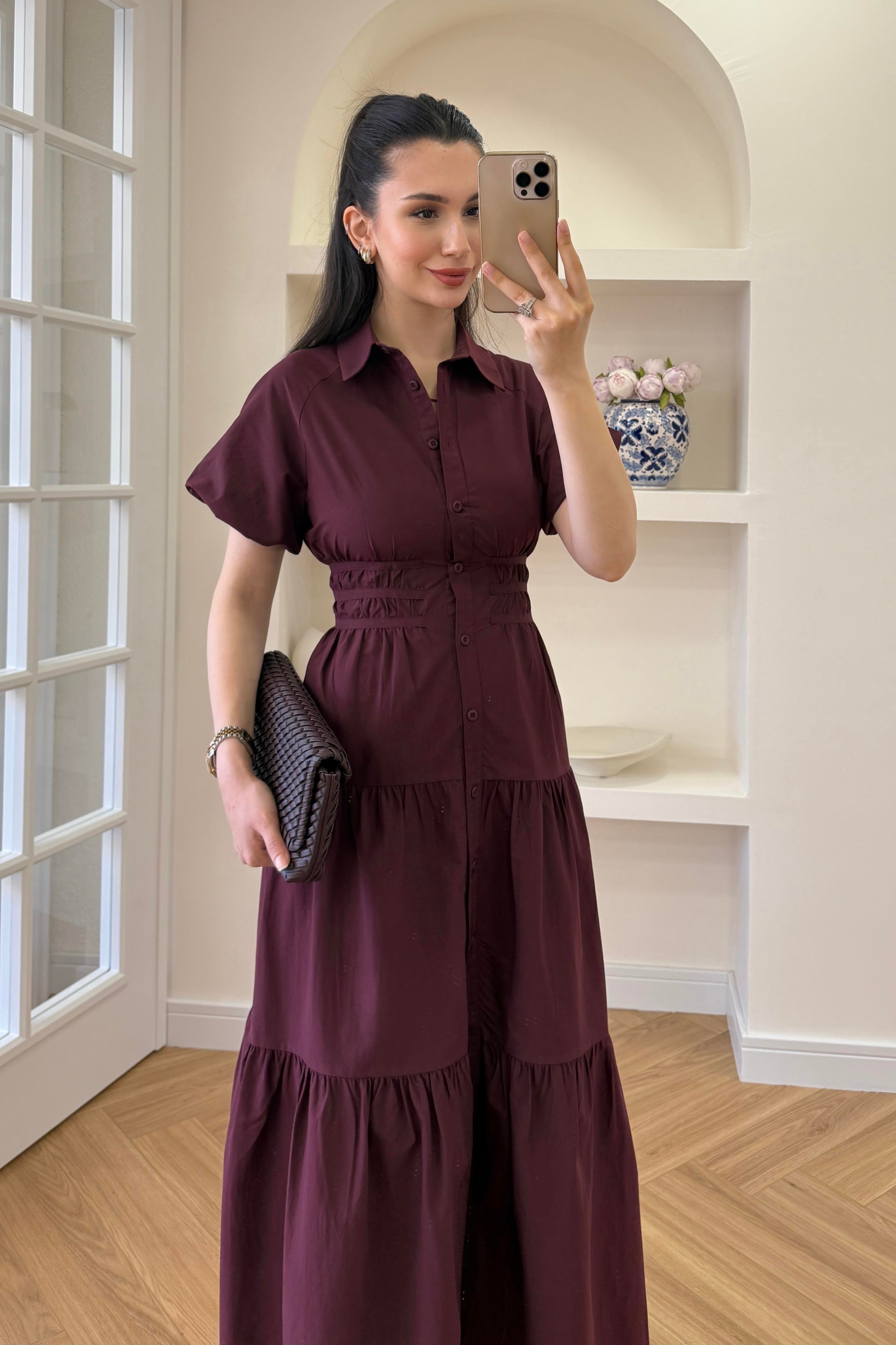 BELDEN OTURMALI ELBİSE - BORDO