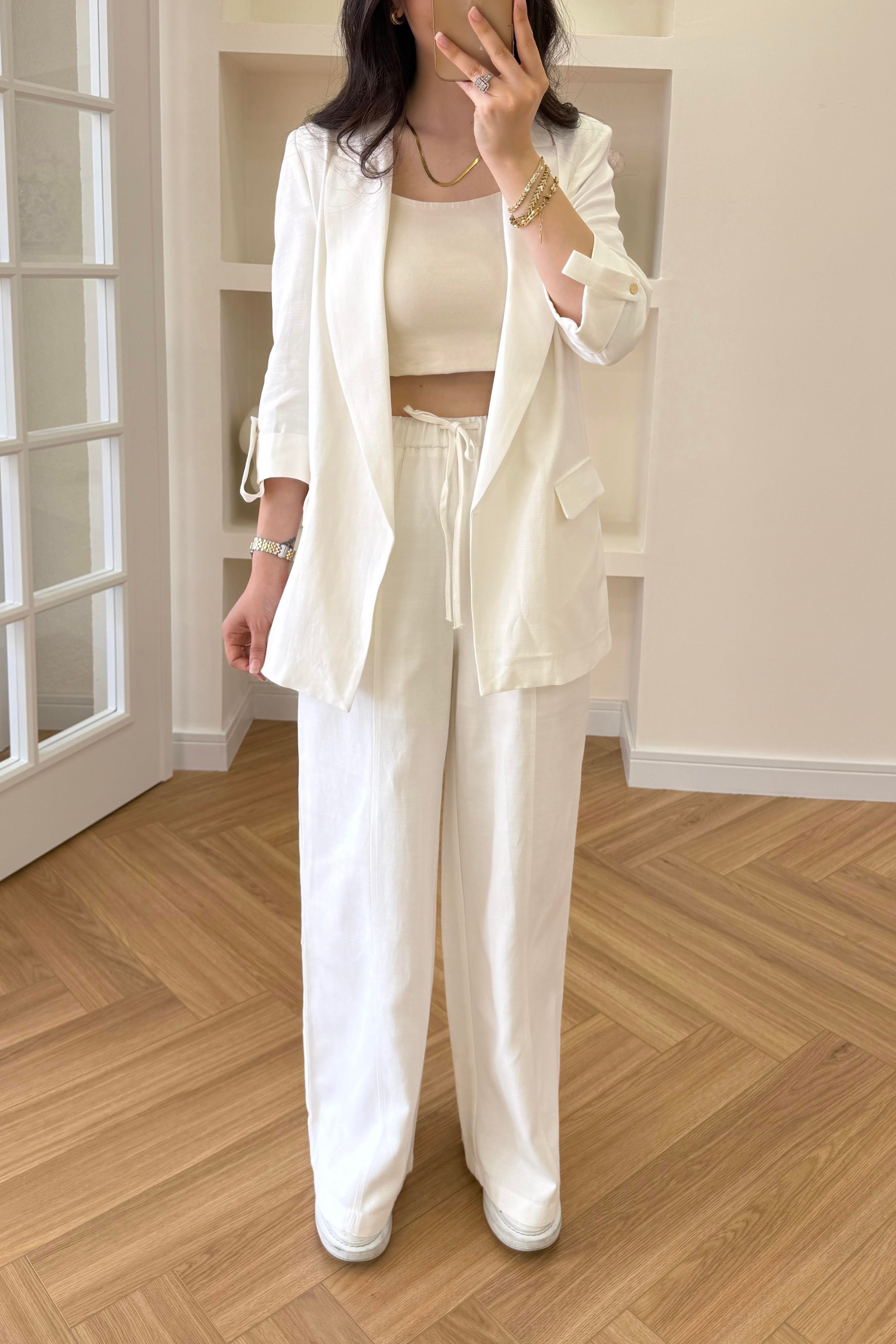 BELİ LASTİKLİ KETEN PANTOLON - BEYAZ