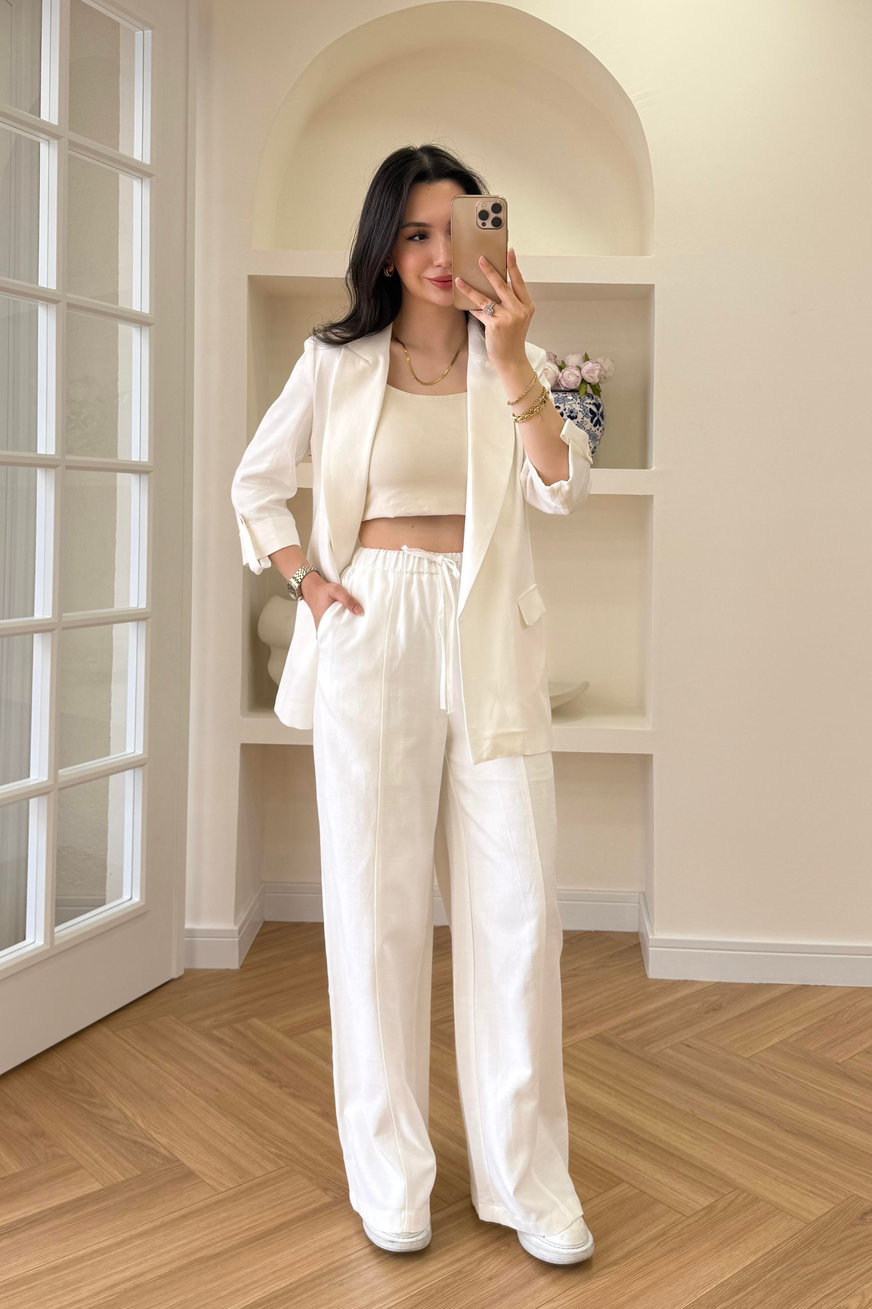 BELİ LASTİKLİ KETEN PANTOLON - BEYAZ