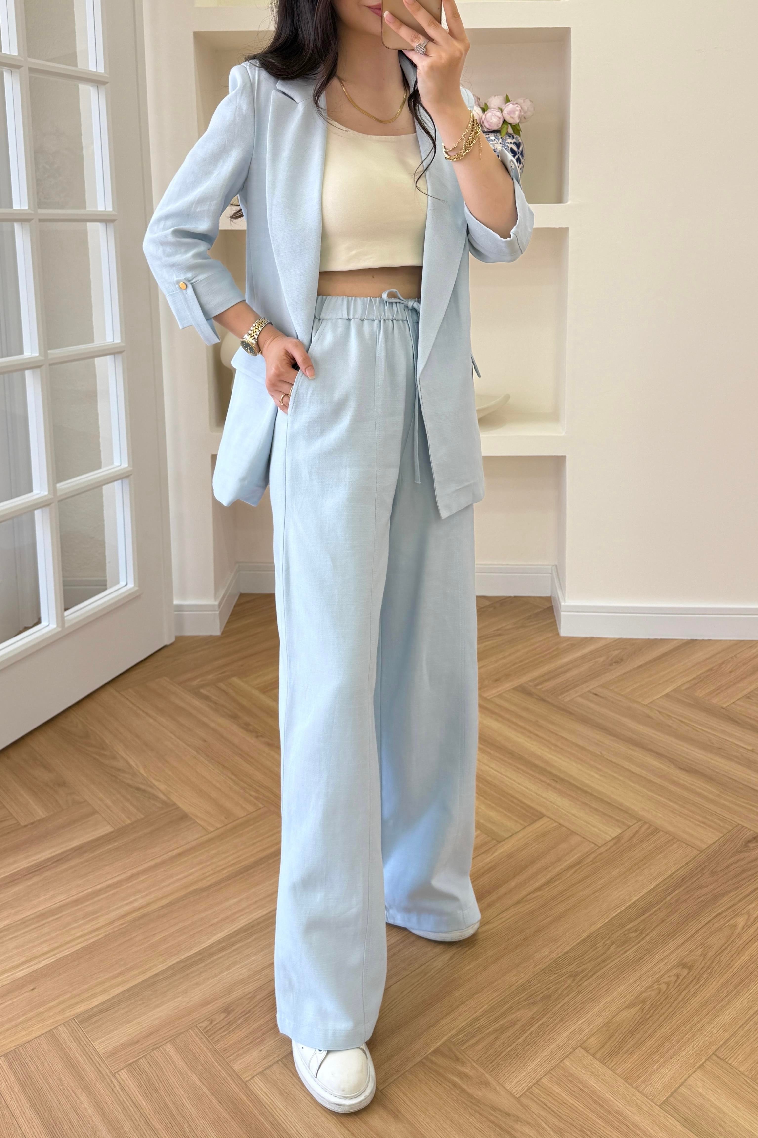 BELİ LASTİKLİ KETEN PANTOLON - MAVİ