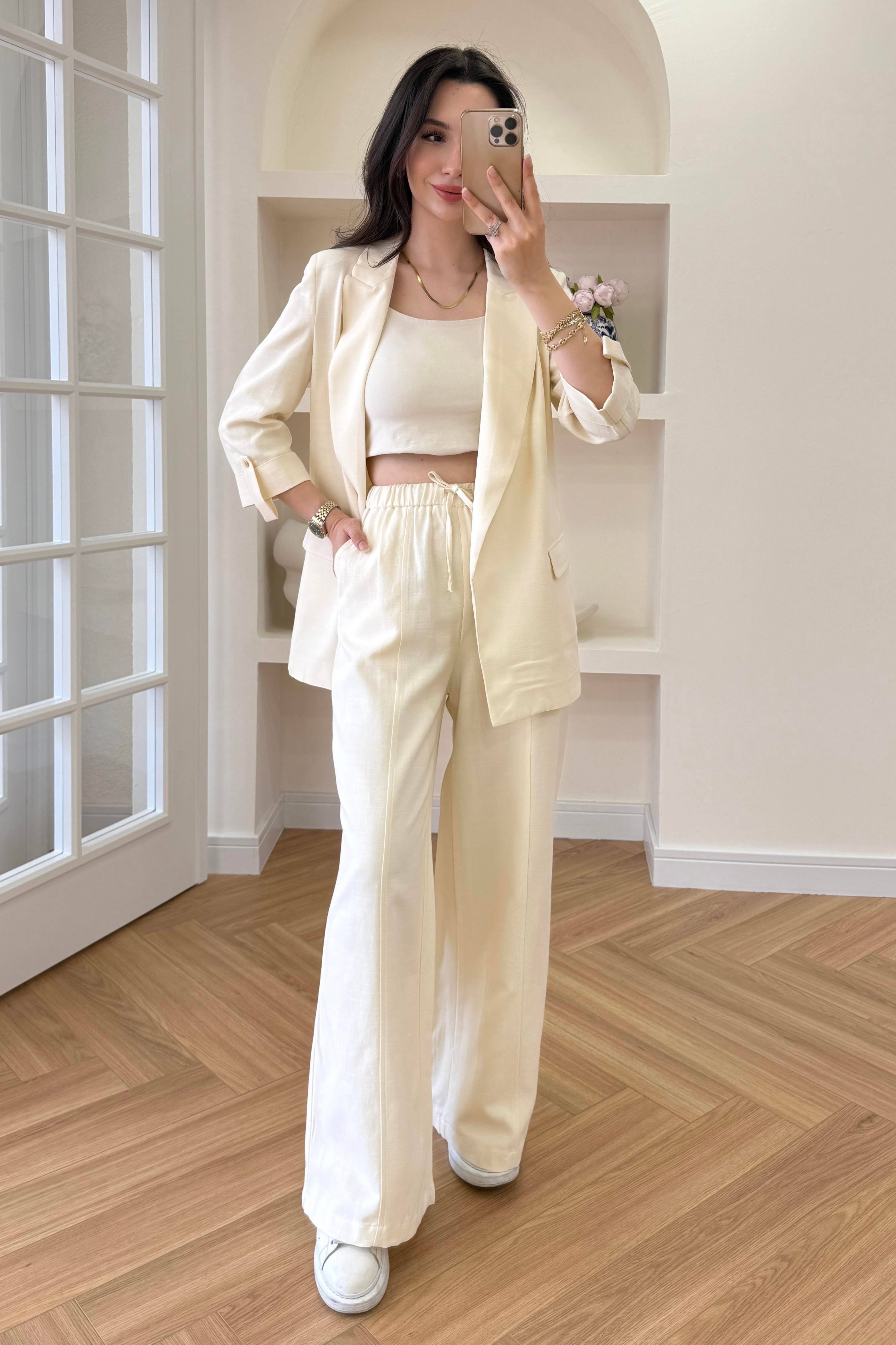 BELİ LASTİKLİ KETEN PANTOLON - SARI
