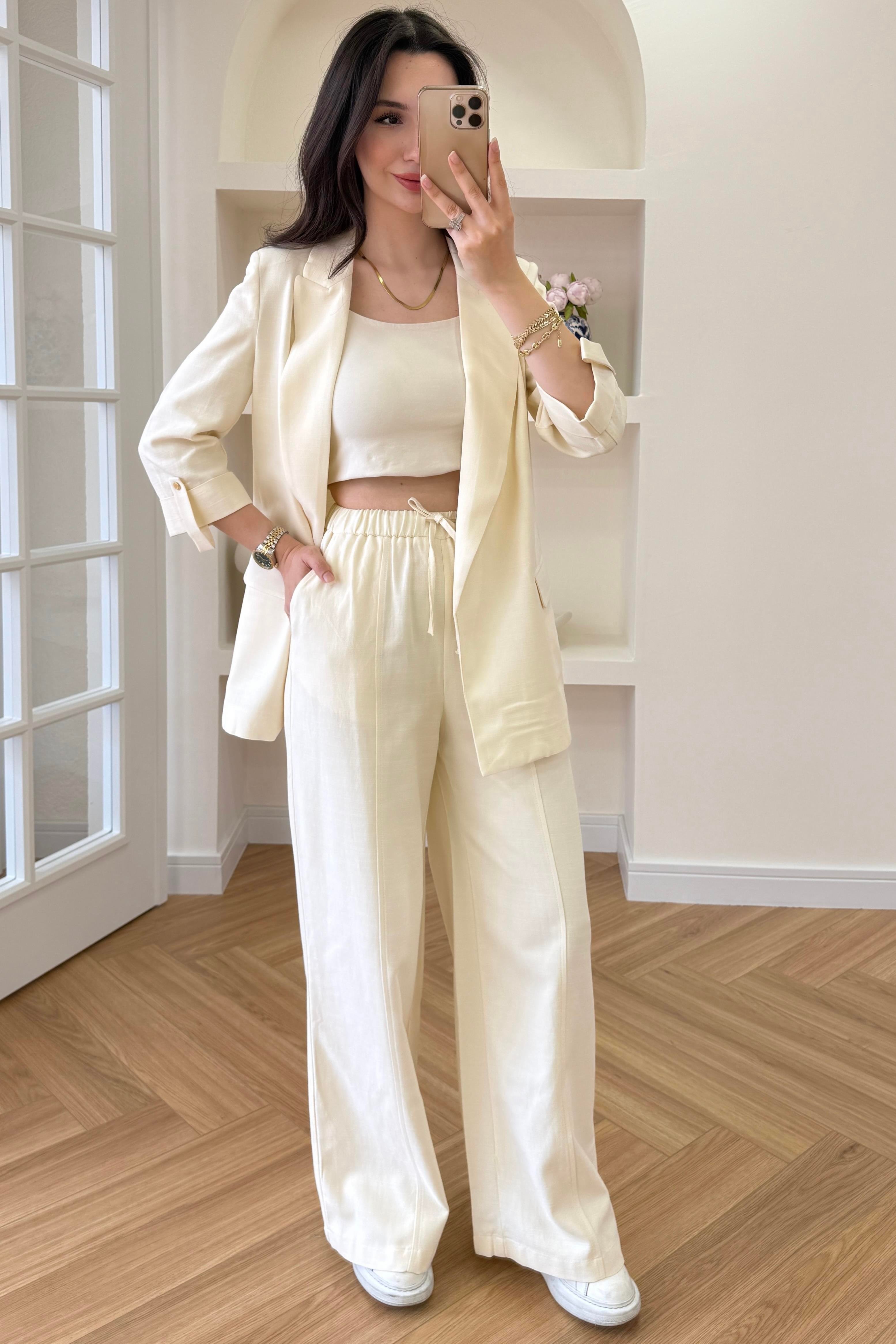 BELİ LASTİKLİ KETEN PANTOLON - SARI