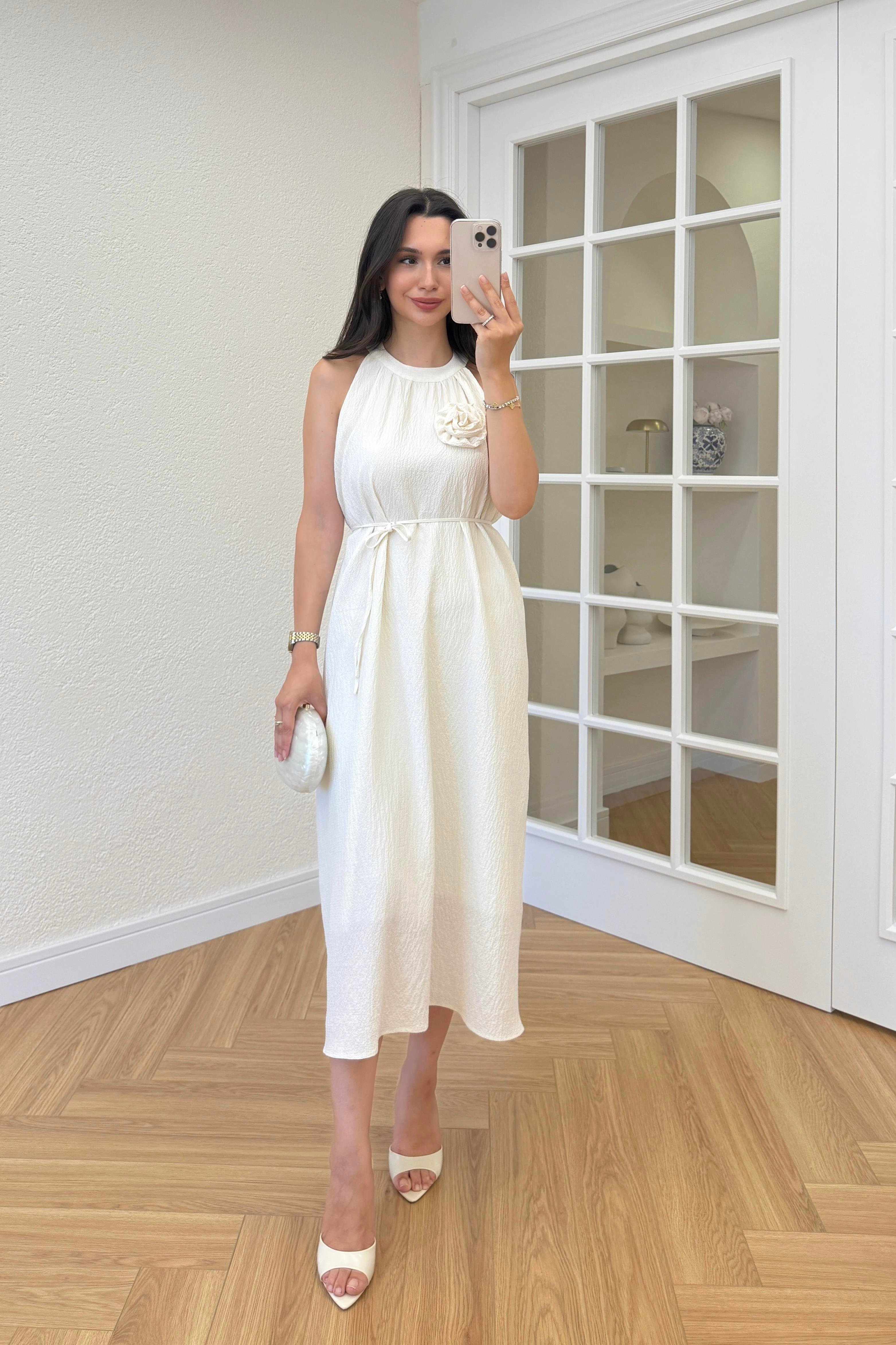 DORA GÜL BROŞLU ELBİSE - EKRU