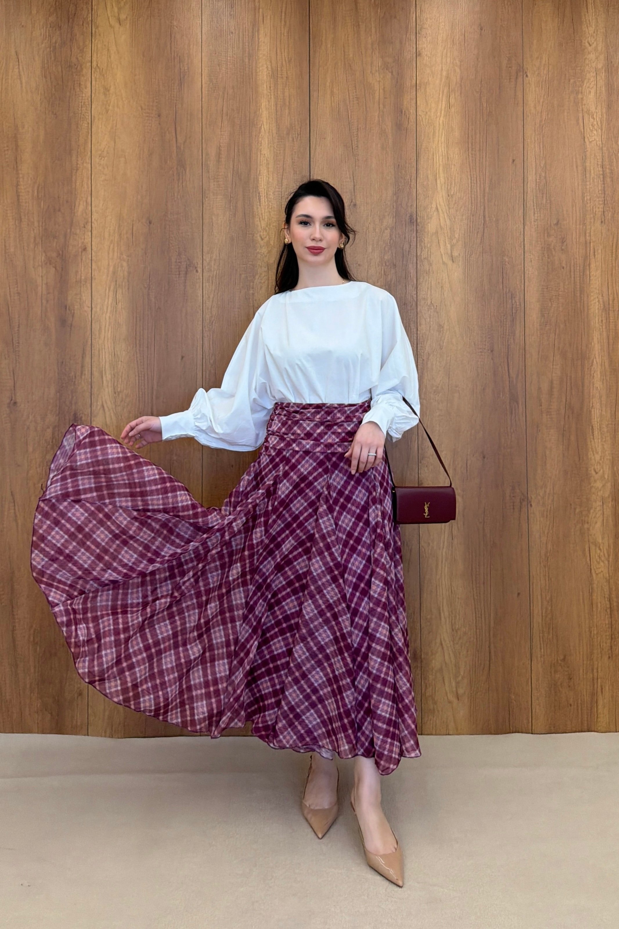 DRAPE DETAYLI EKOSE DESEN ŞİFON ETEK - BORDO
