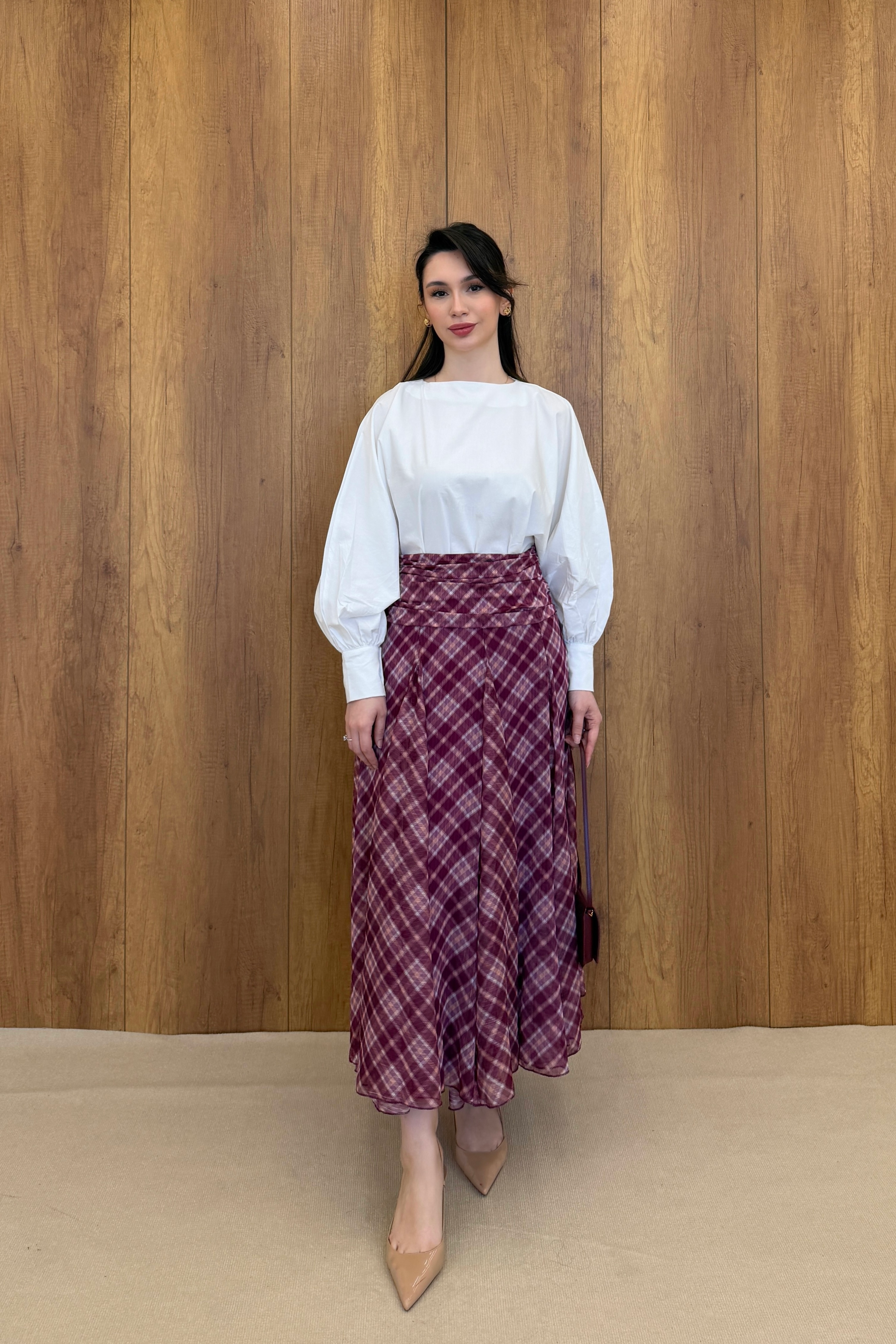 DRAPE DETAYLI EKOSE DESEN ŞİFON ETEK - BORDO