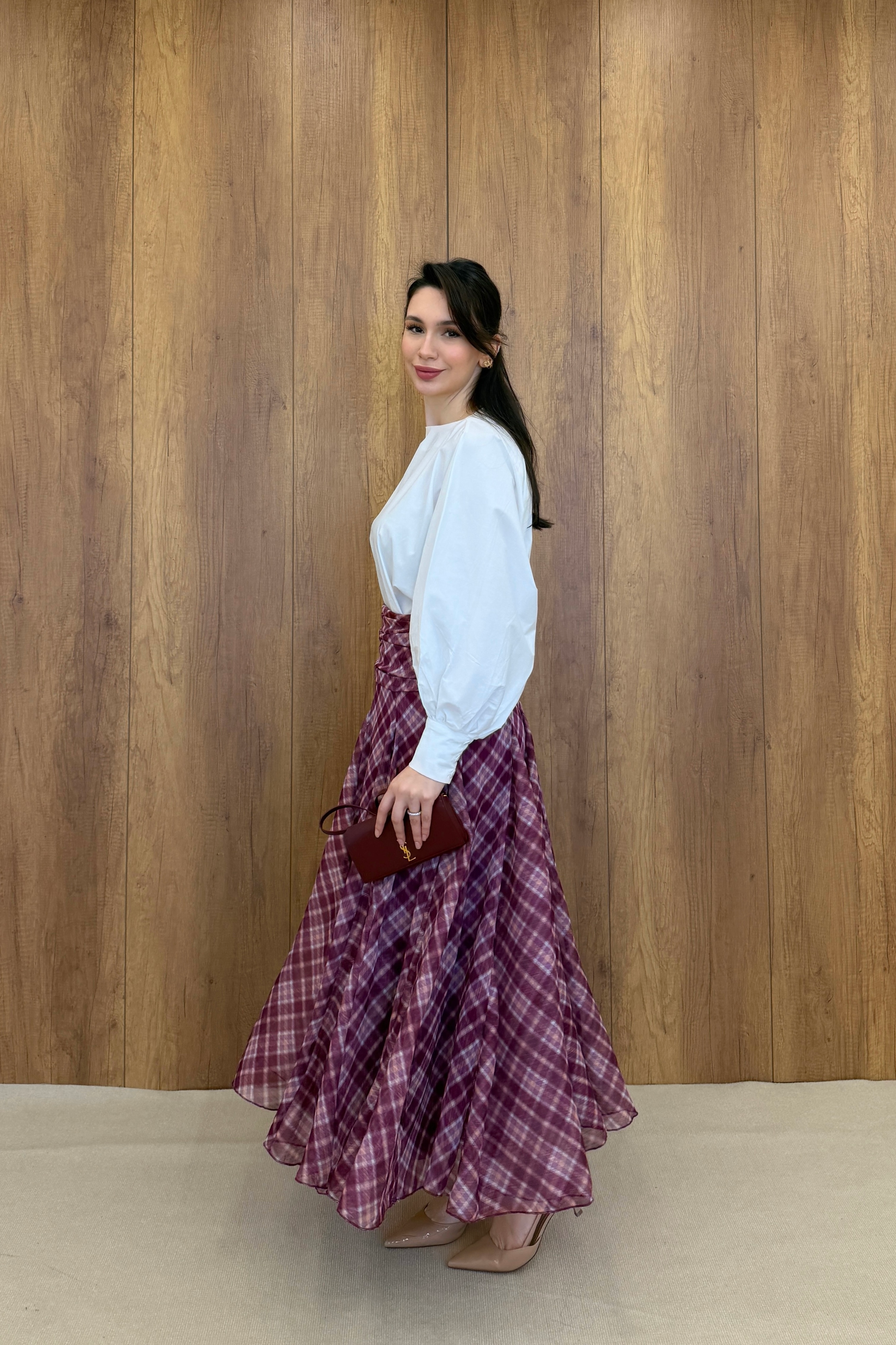 DRAPE DETAYLI EKOSE DESEN ŞİFON ETEK - BORDO