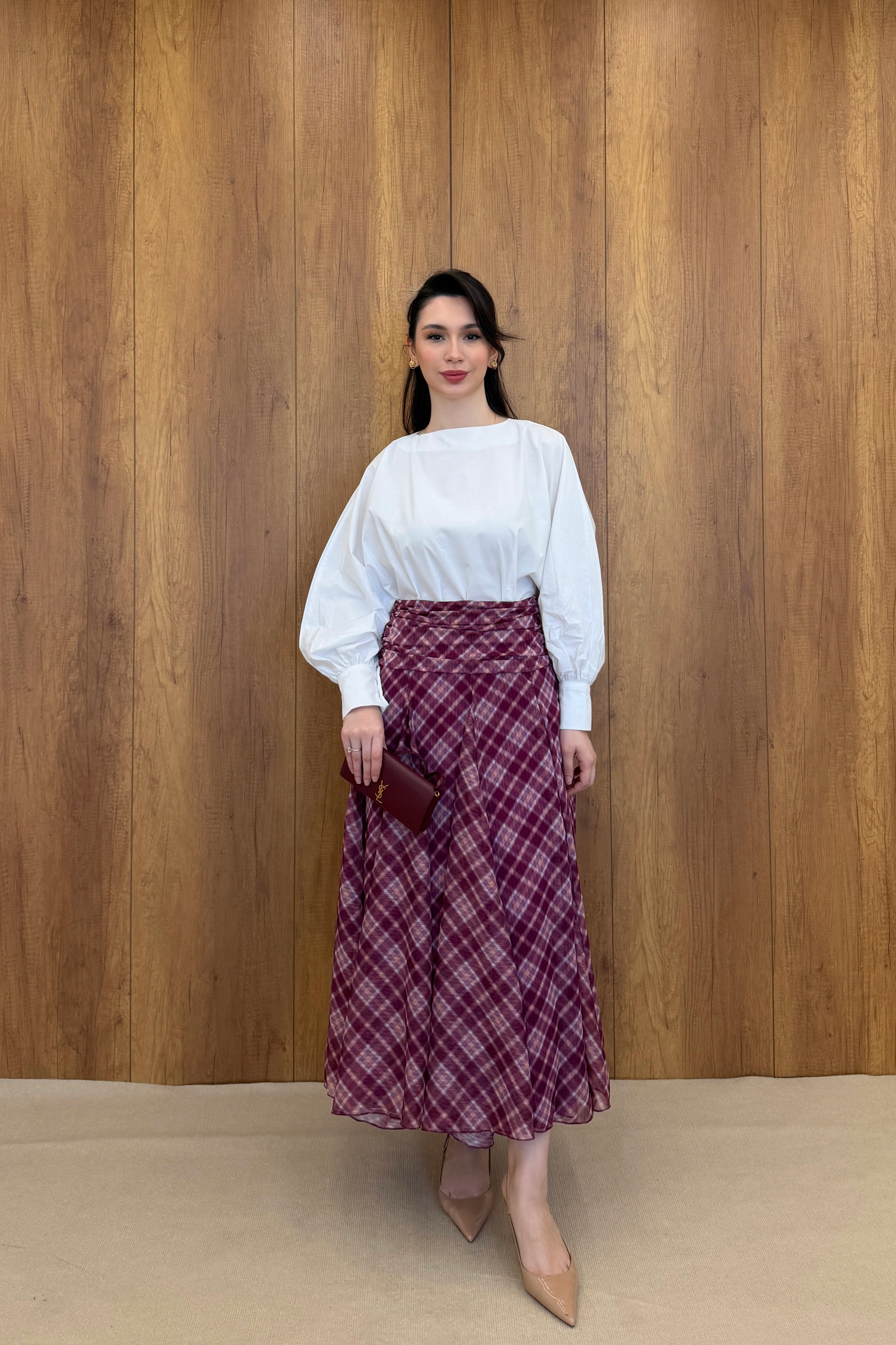 DRAPE DETAYLI EKOSE DESEN ŞİFON ETEK - BORDO