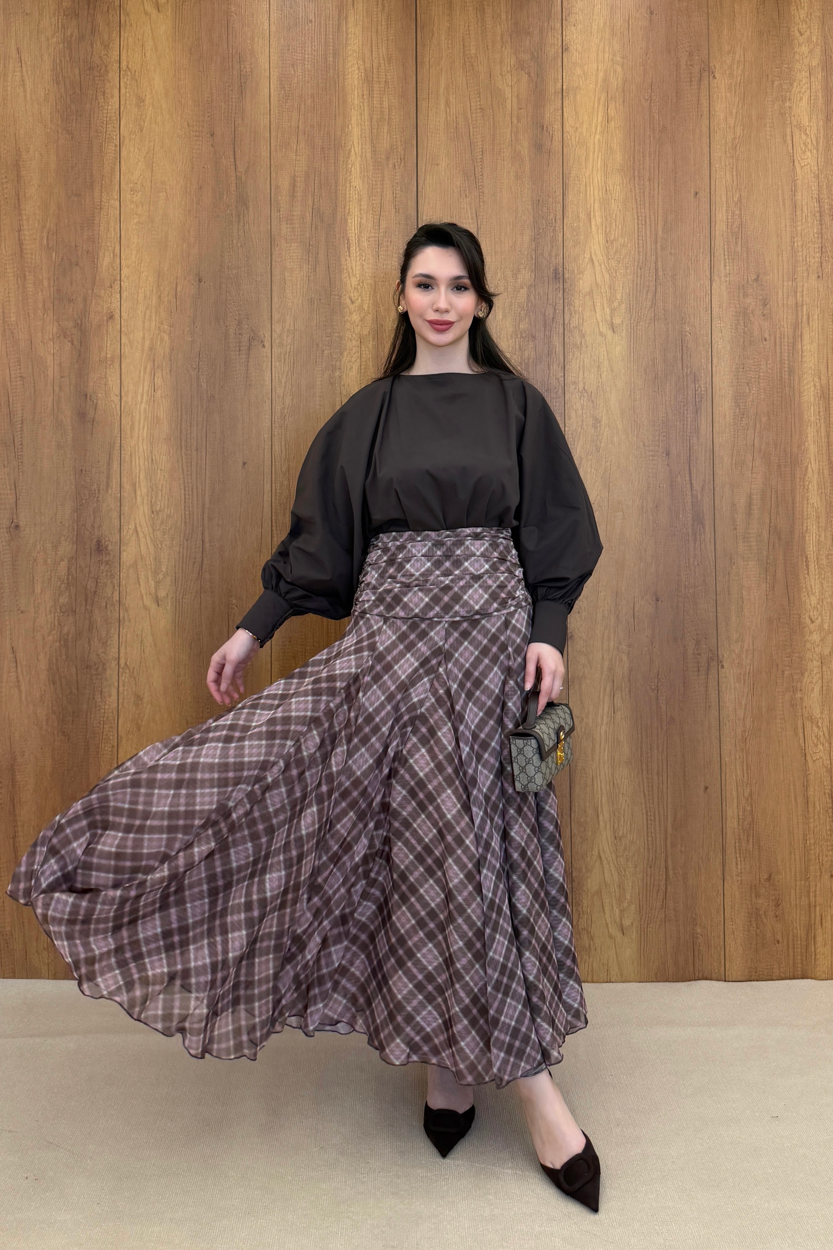 DRAPE DETAYLI EKOSE DESEN ŞİFON ETEK - KAHVERENGİ