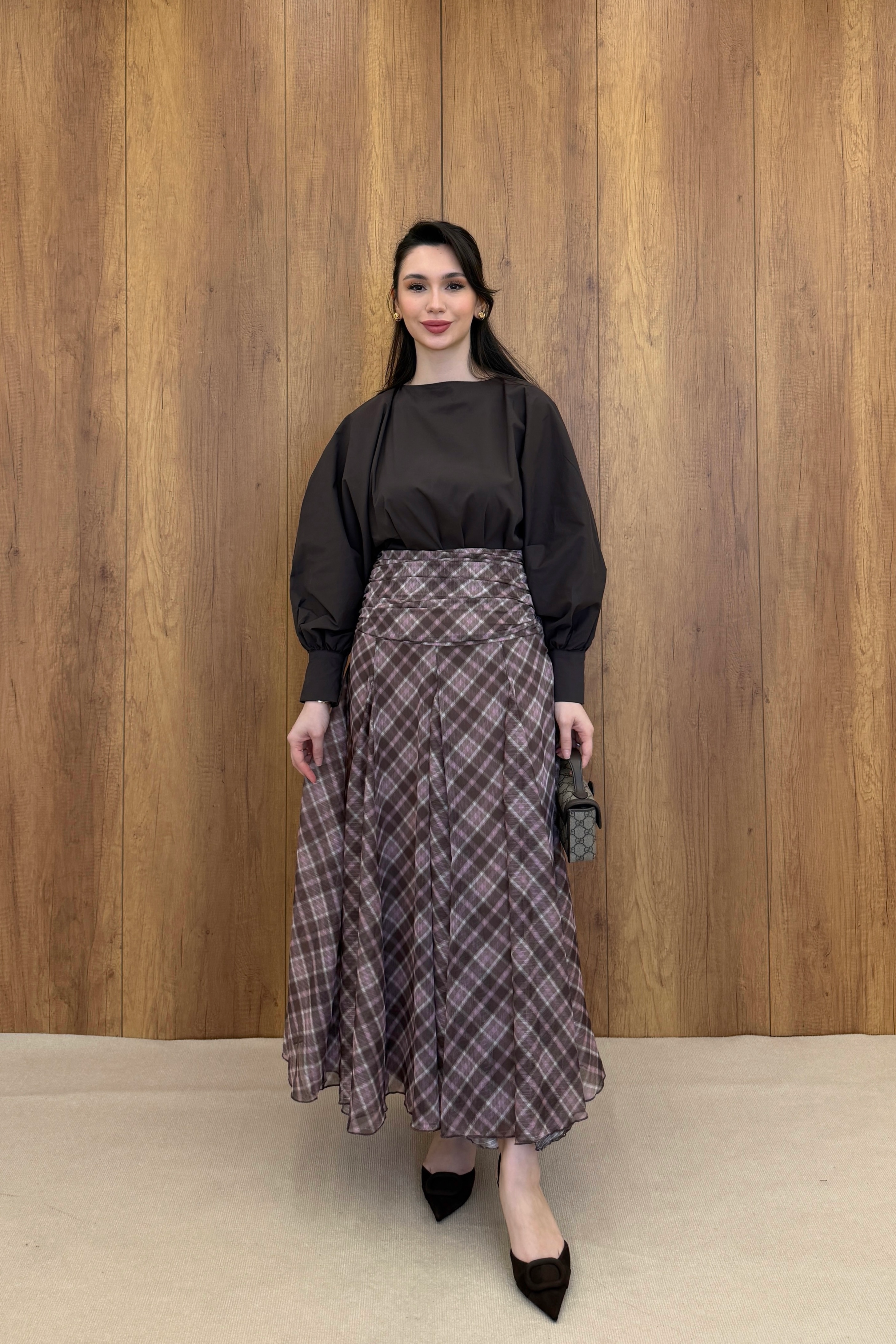DRAPE DETAYLI EKOSE DESEN ŞİFON ETEK - KAHVERENGİ