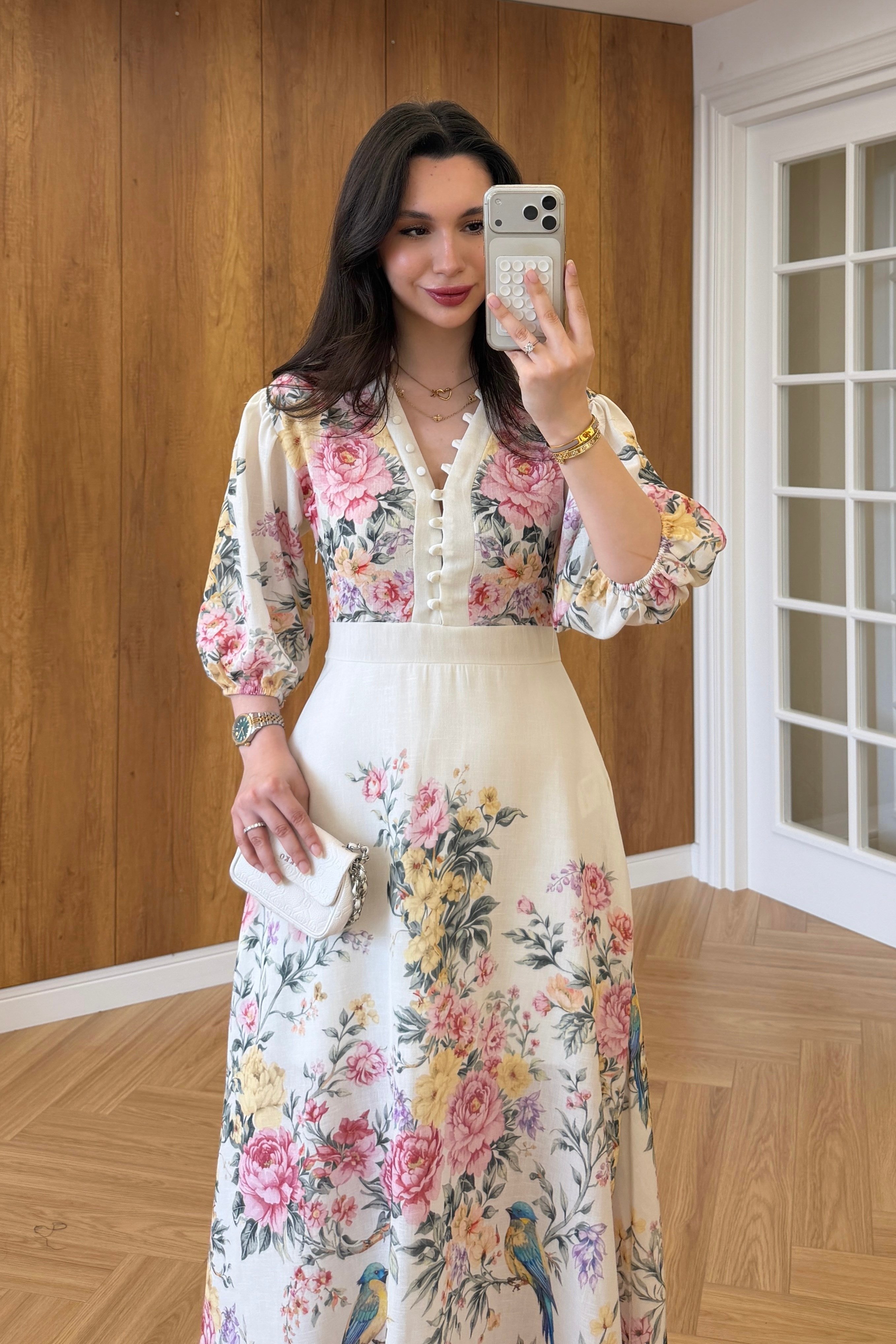 FLORAL DÜĞME DETAYLI ELBİSE 