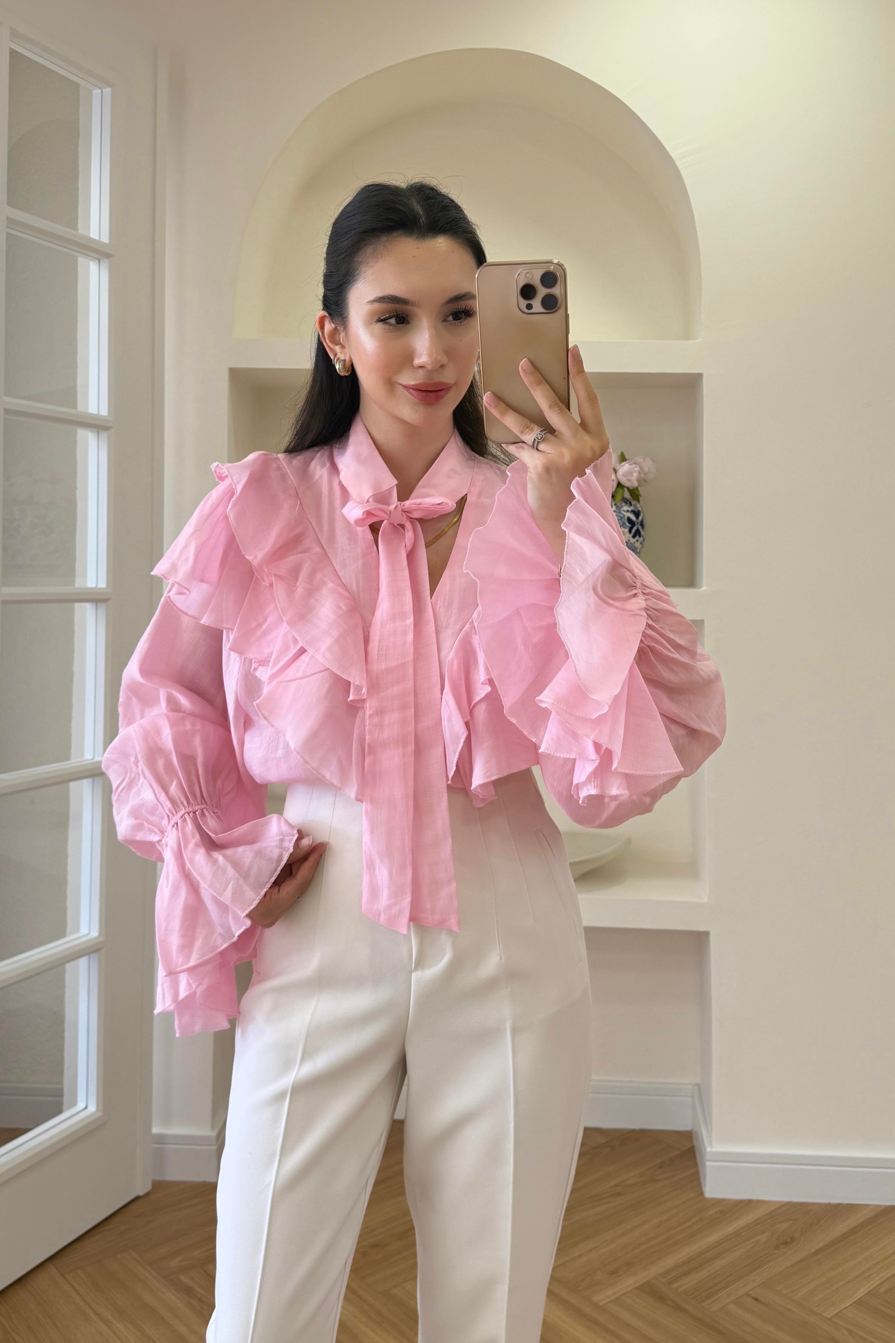 FULAR YAKA FIRFIRLI GÖMLEK - PEMBE
