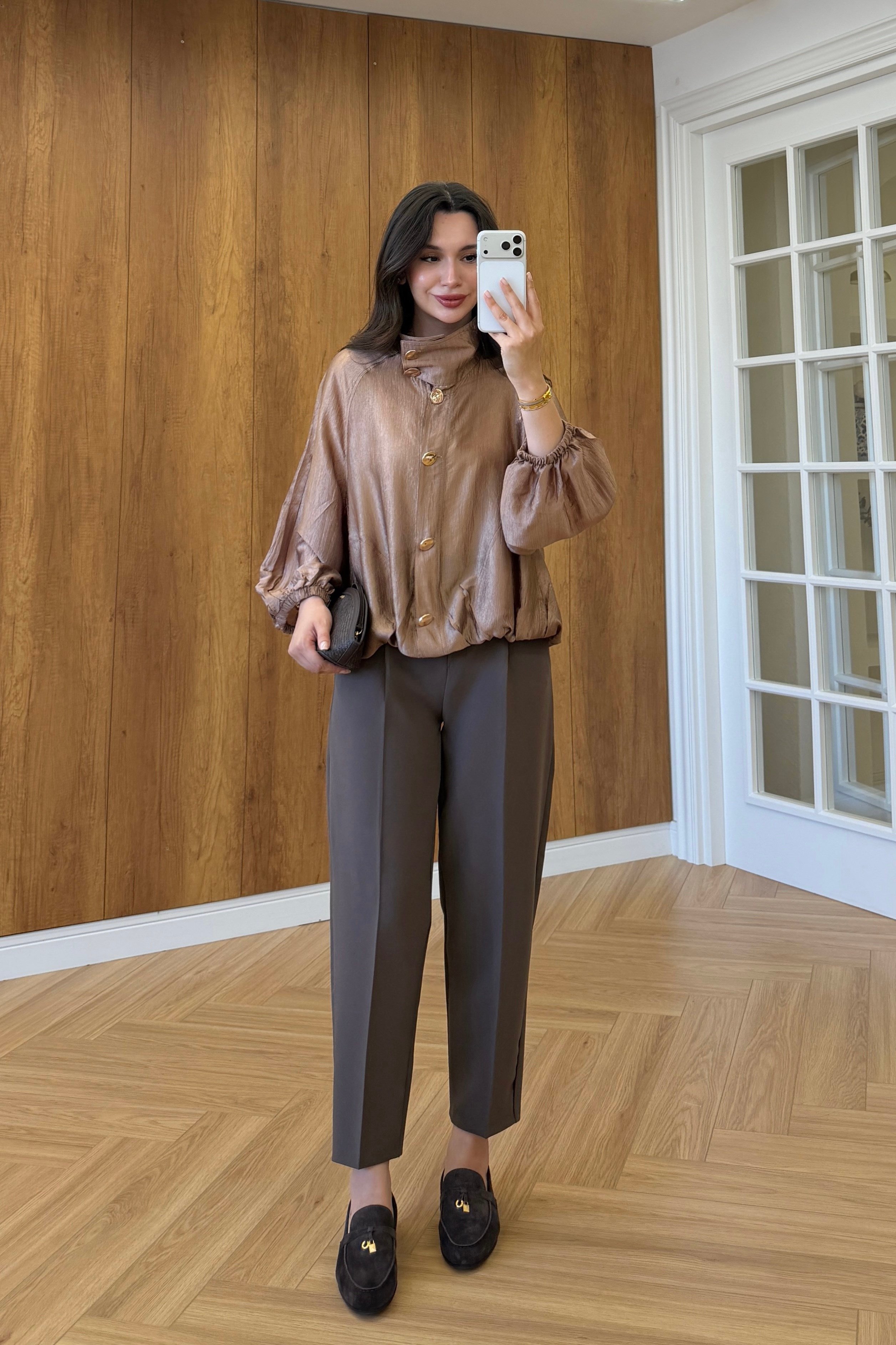 GOLD DÜĞMELİ DİK YAKA BOMBER - BRONZ