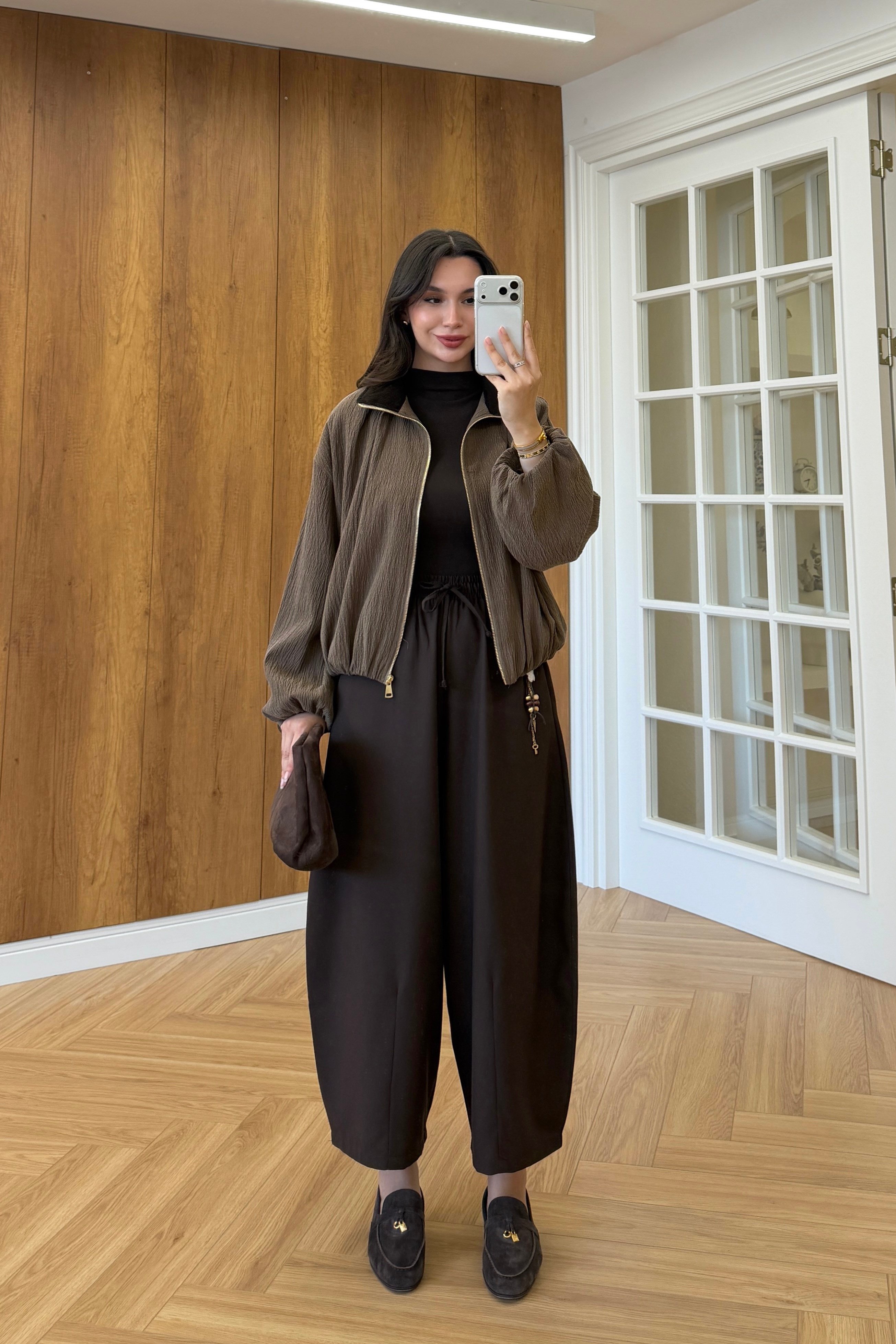 KADİFE YAKA DOKULU BOMBER CEKET - KAHVE
