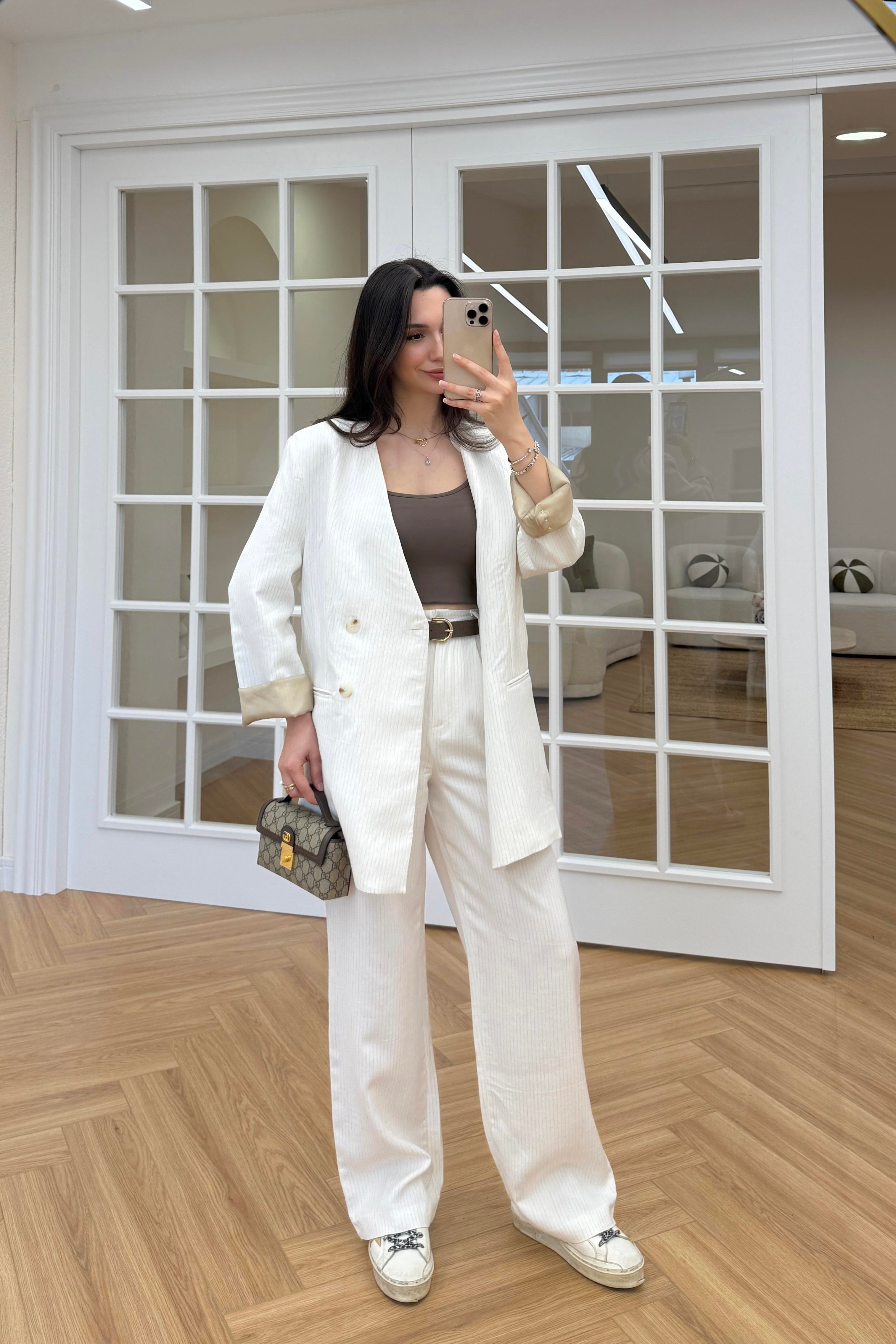 KUŞAKLI ÇİZGİLİ KRUVAZE BLAZER
