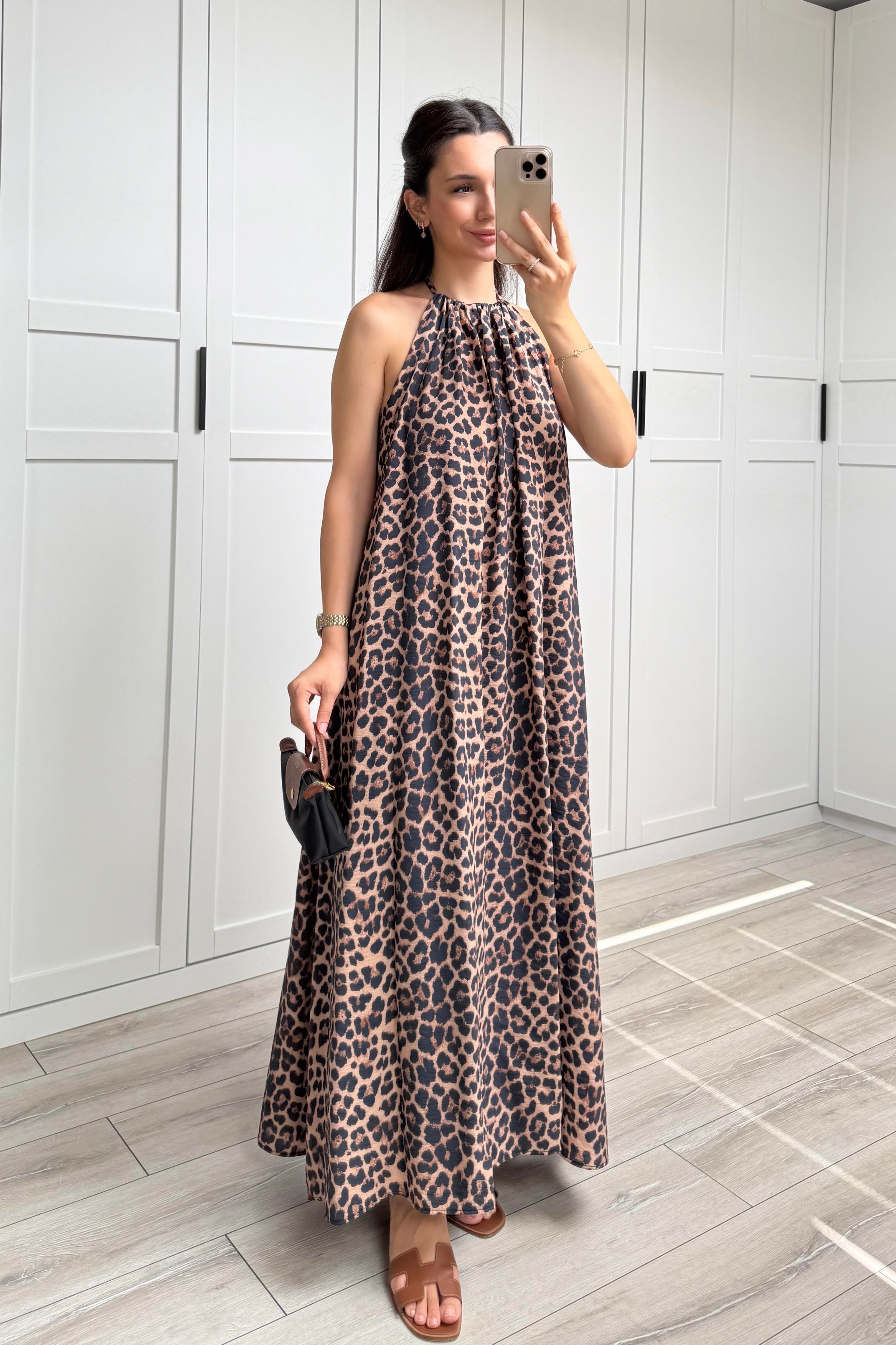 LEOPAR DESEN SIRT DEKOLTELİ ELBİSE