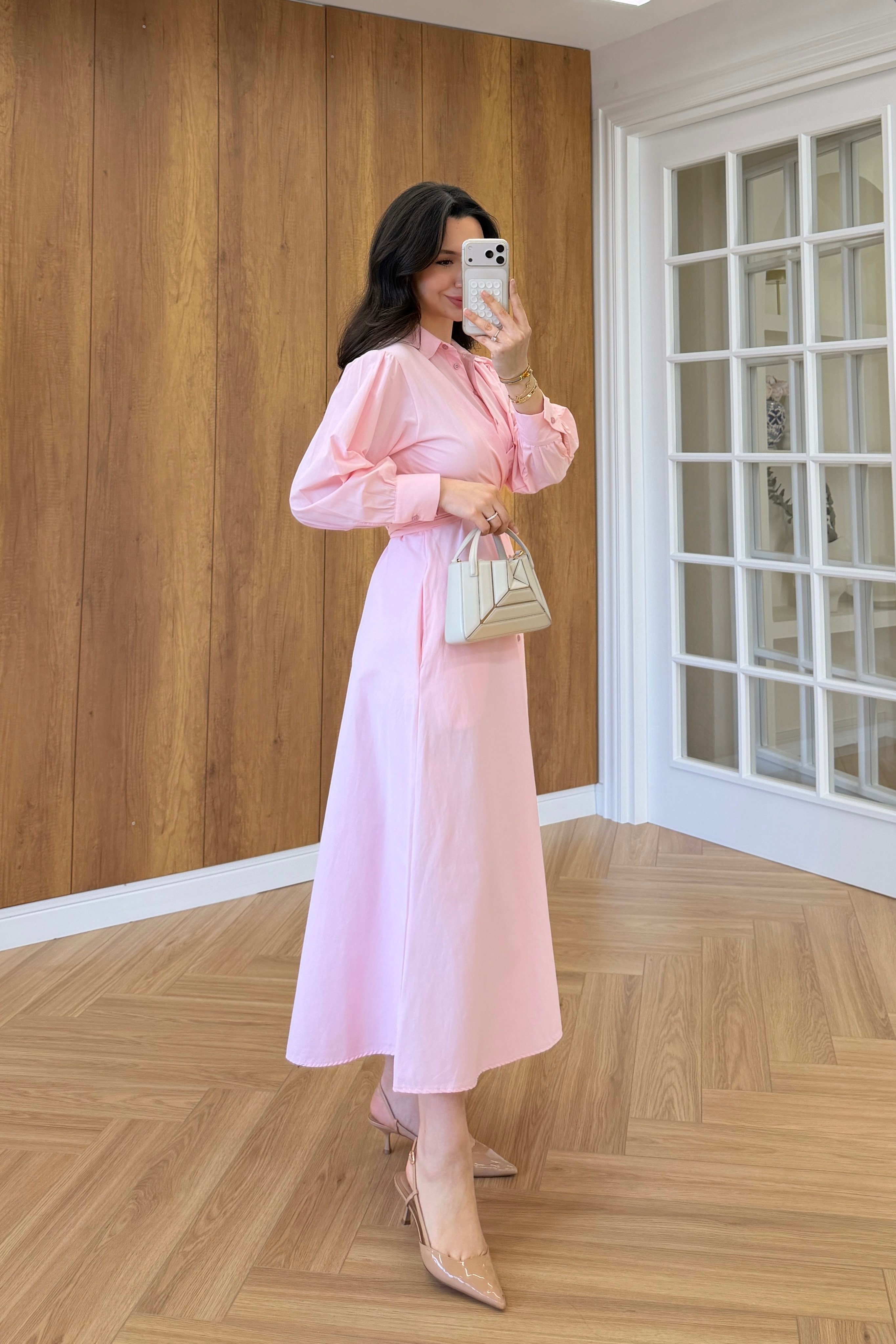 LİNDA KUŞAK BAĞLAMALI ELBİSE - PEMBE