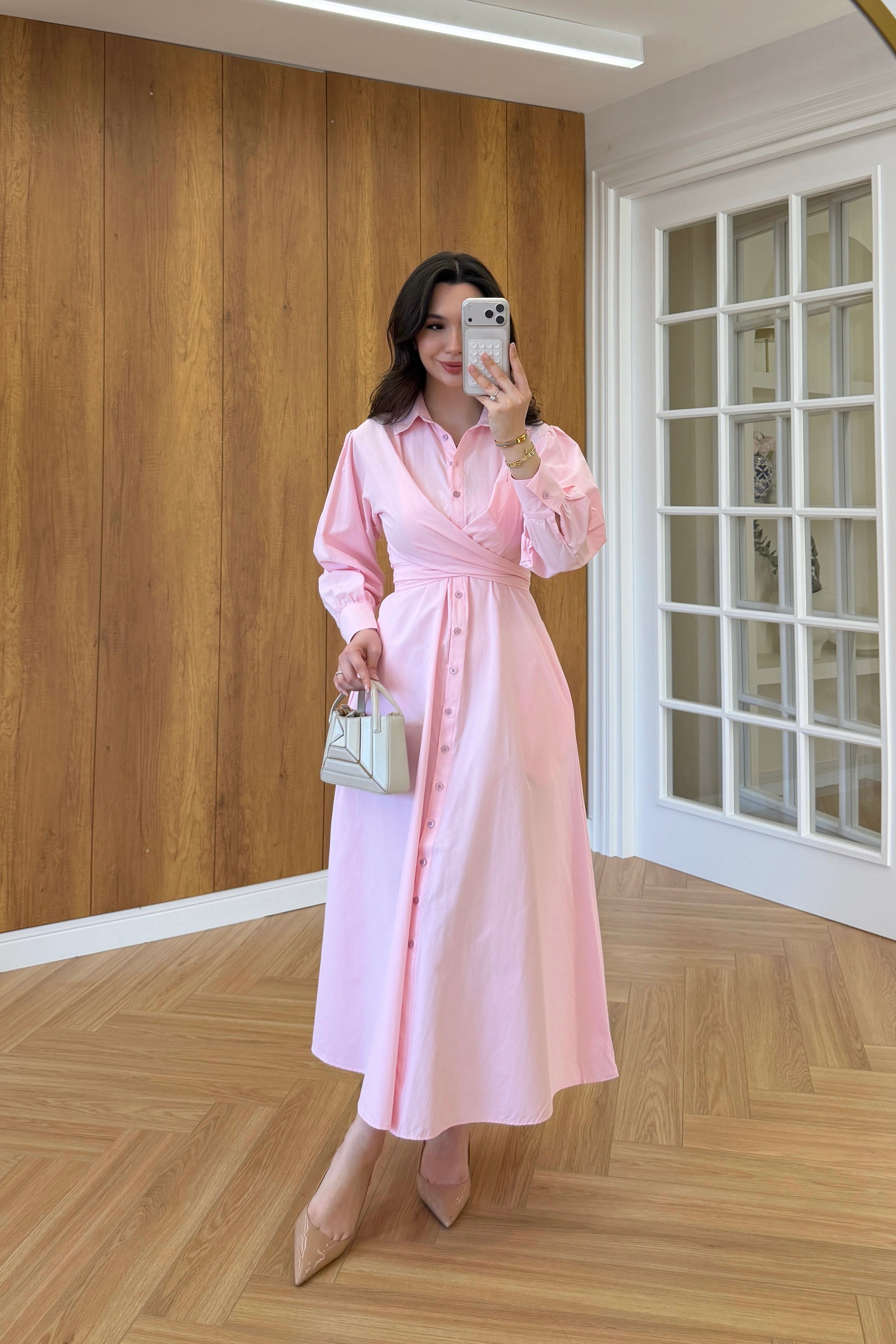 LİNDA KUŞAK BAĞLAMALI ELBİSE - PEMBE