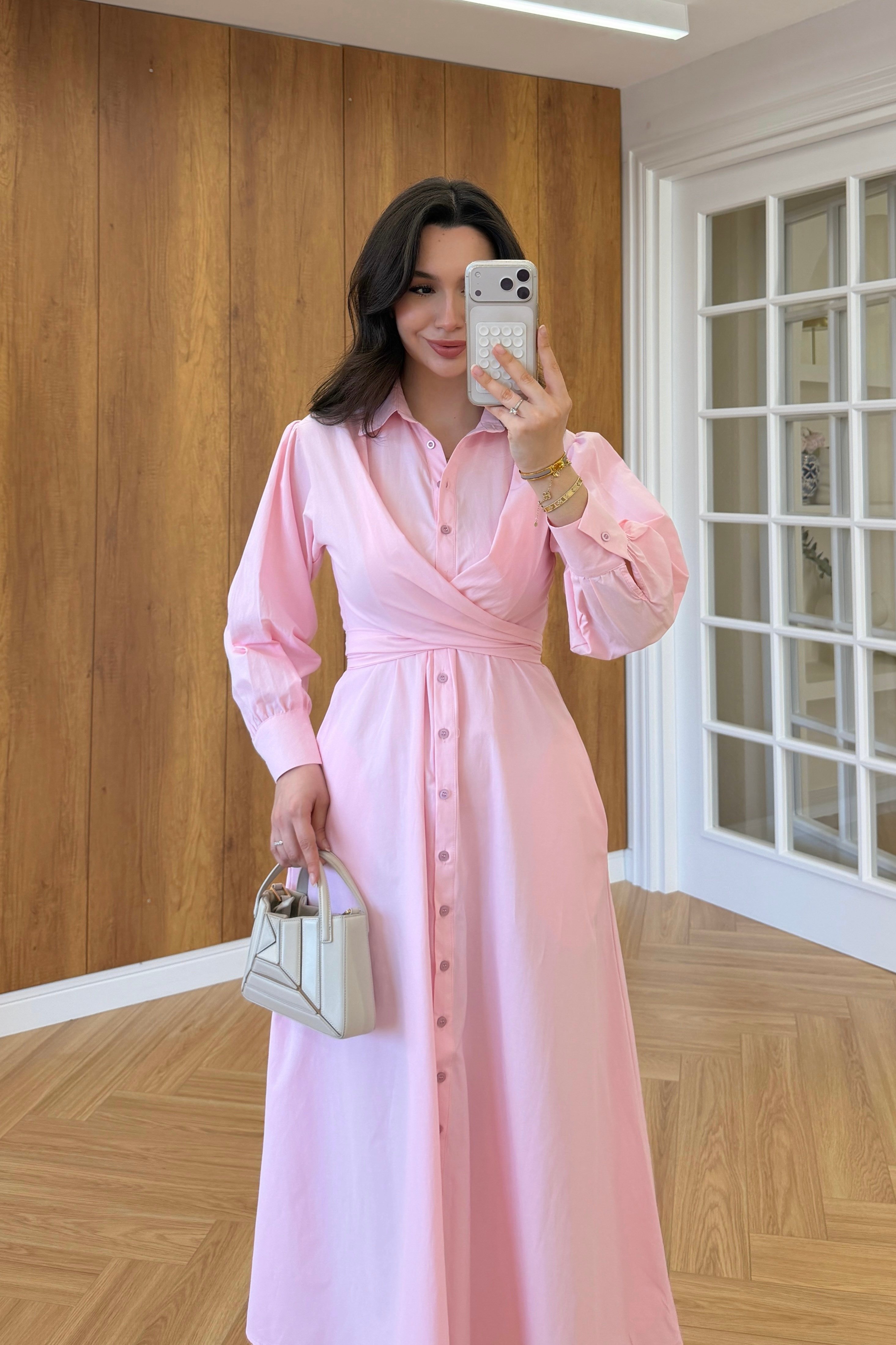 LİNDA KUŞAK BAĞLAMALI ELBİSE - PEMBE
