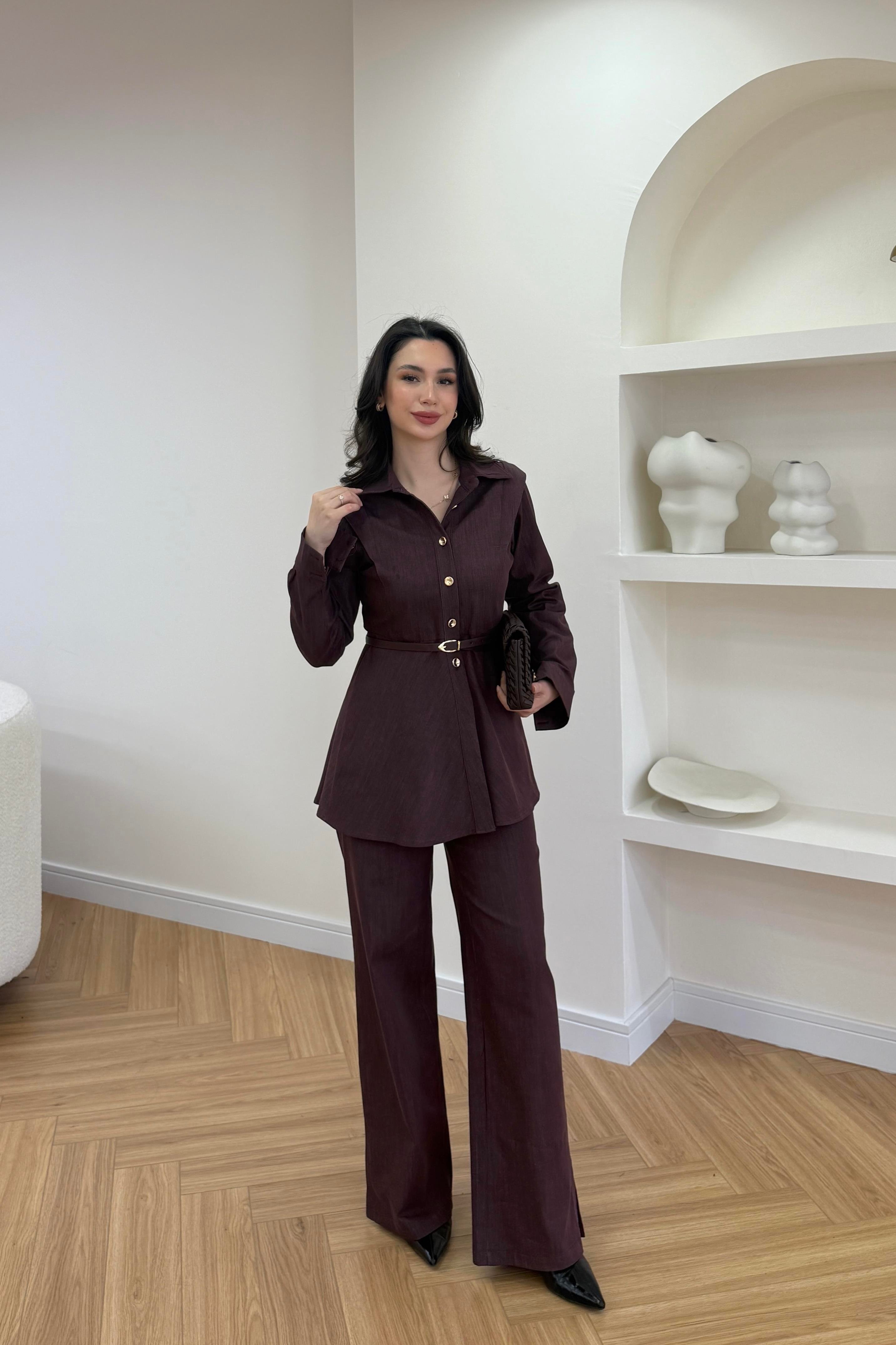 LUNA KEMERLİ DENİM TAKIM - BORDO