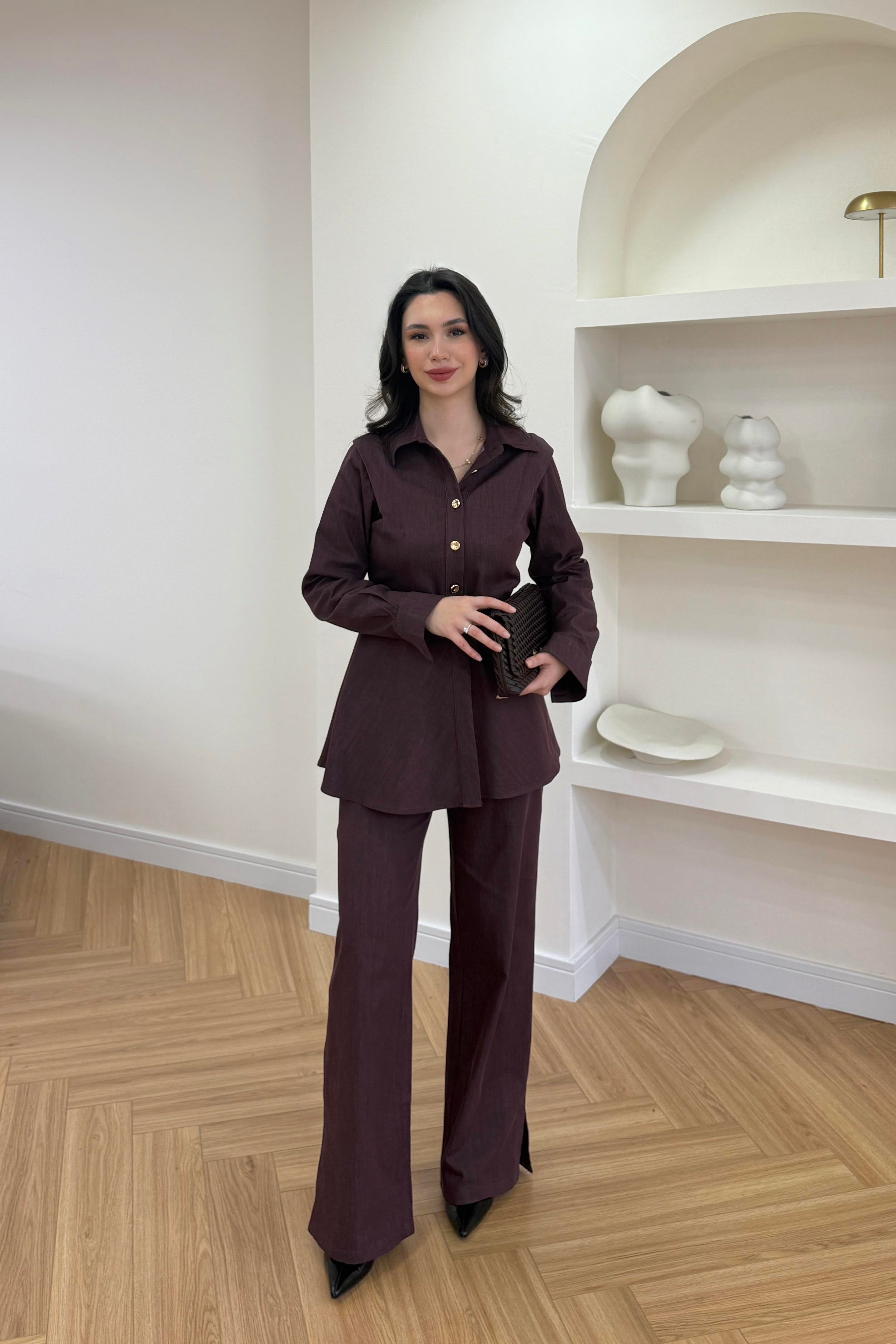 LUNA KEMERLİ DENİM TAKIM - BORDO