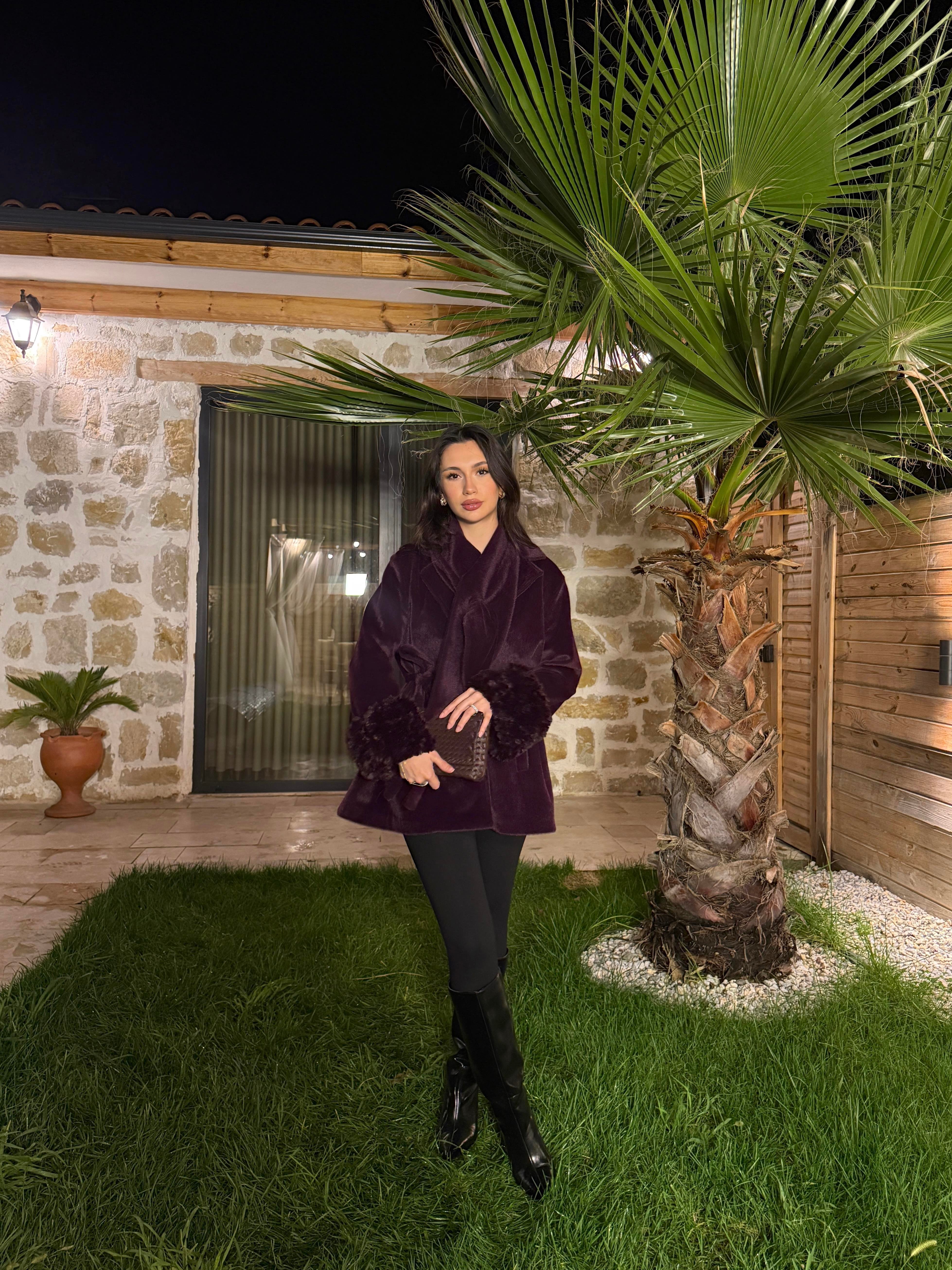 NOIR FİYONK YAKA KÜRKLÜ KABAN - MÜRDÜM