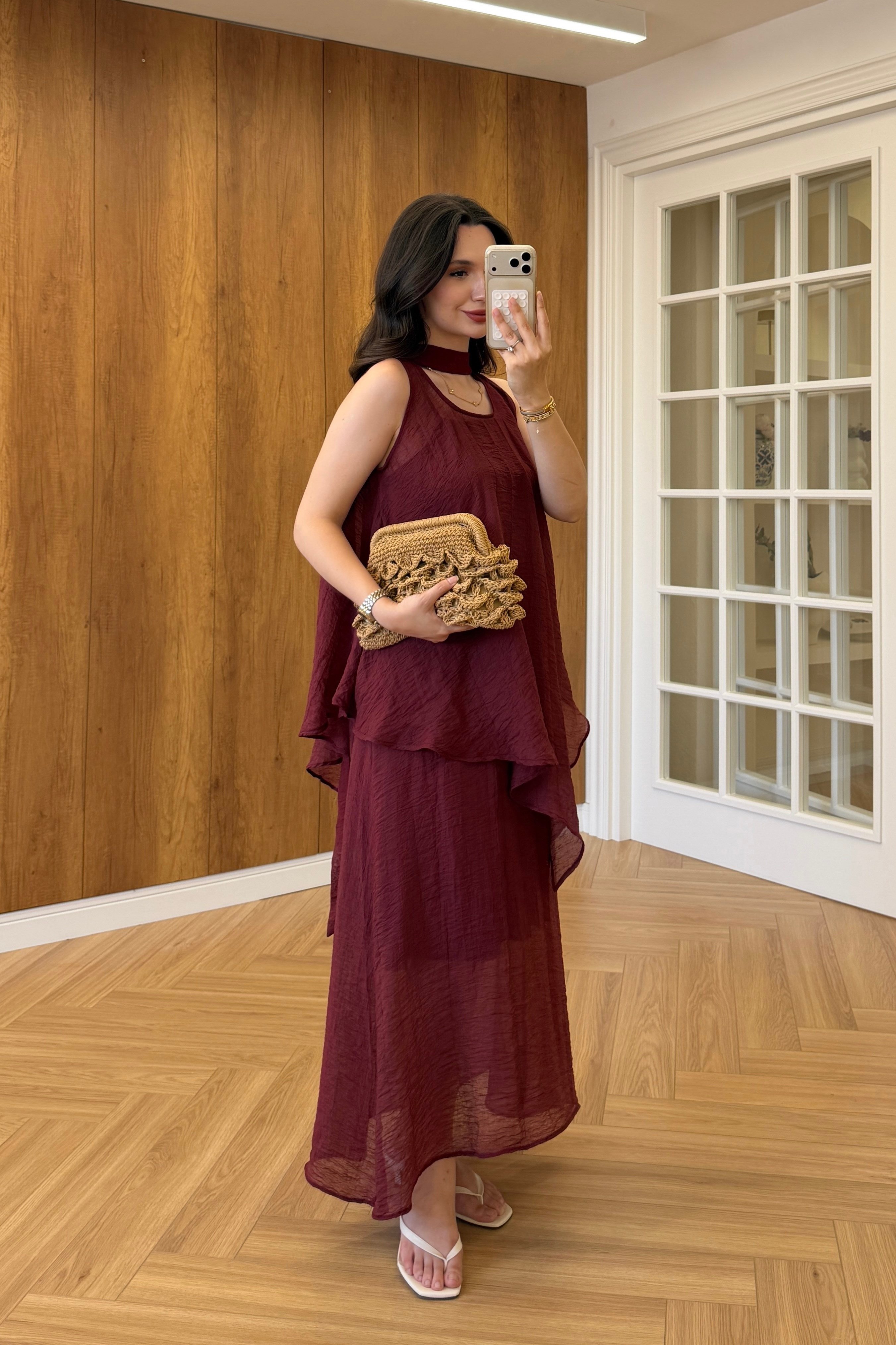 ODY BLUZLU ŞALLI ELBİSE - BORDO