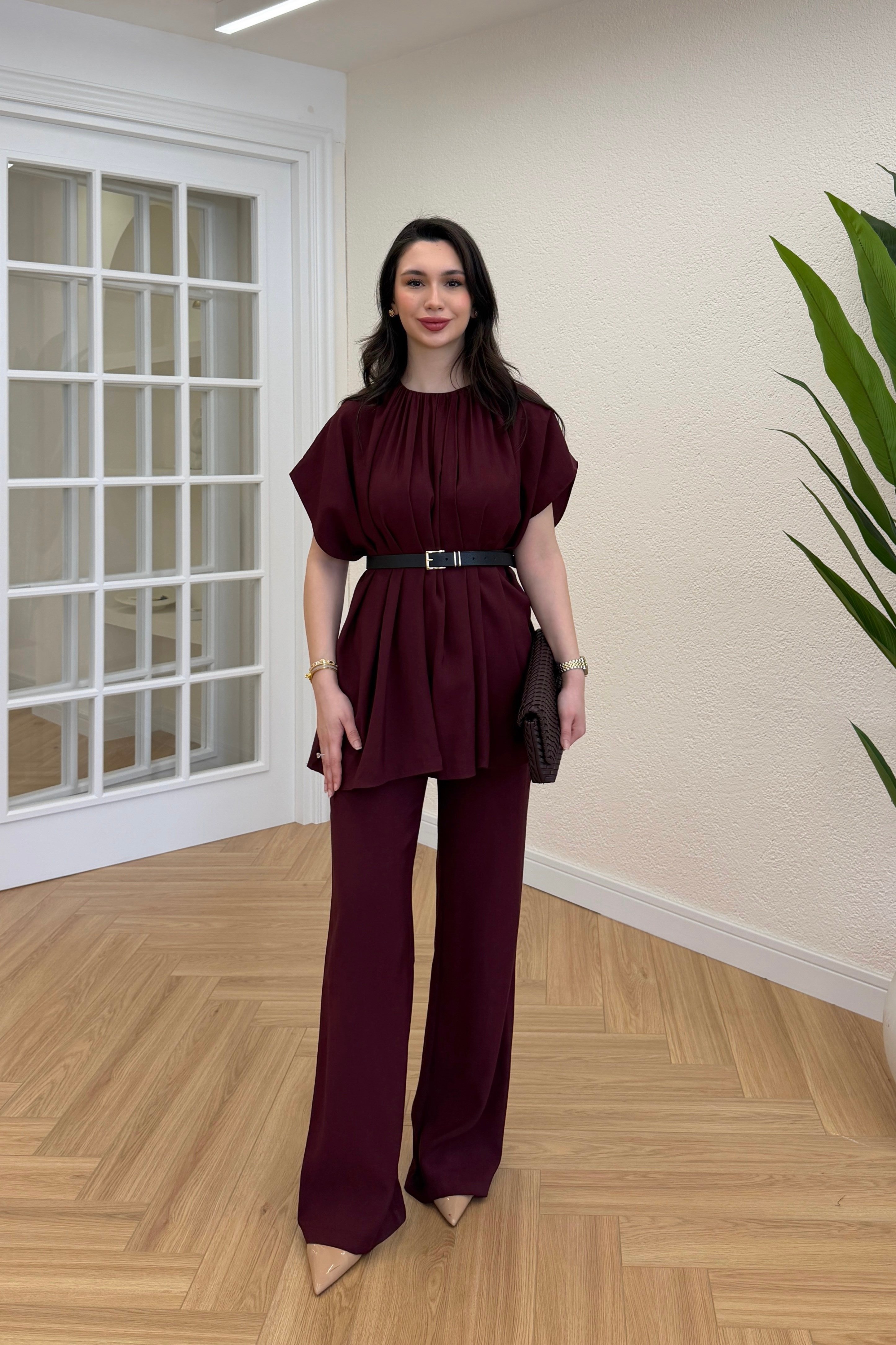 PİLELİ KEMERLİ BLUZ PANTOLON TAKIM - BORDO