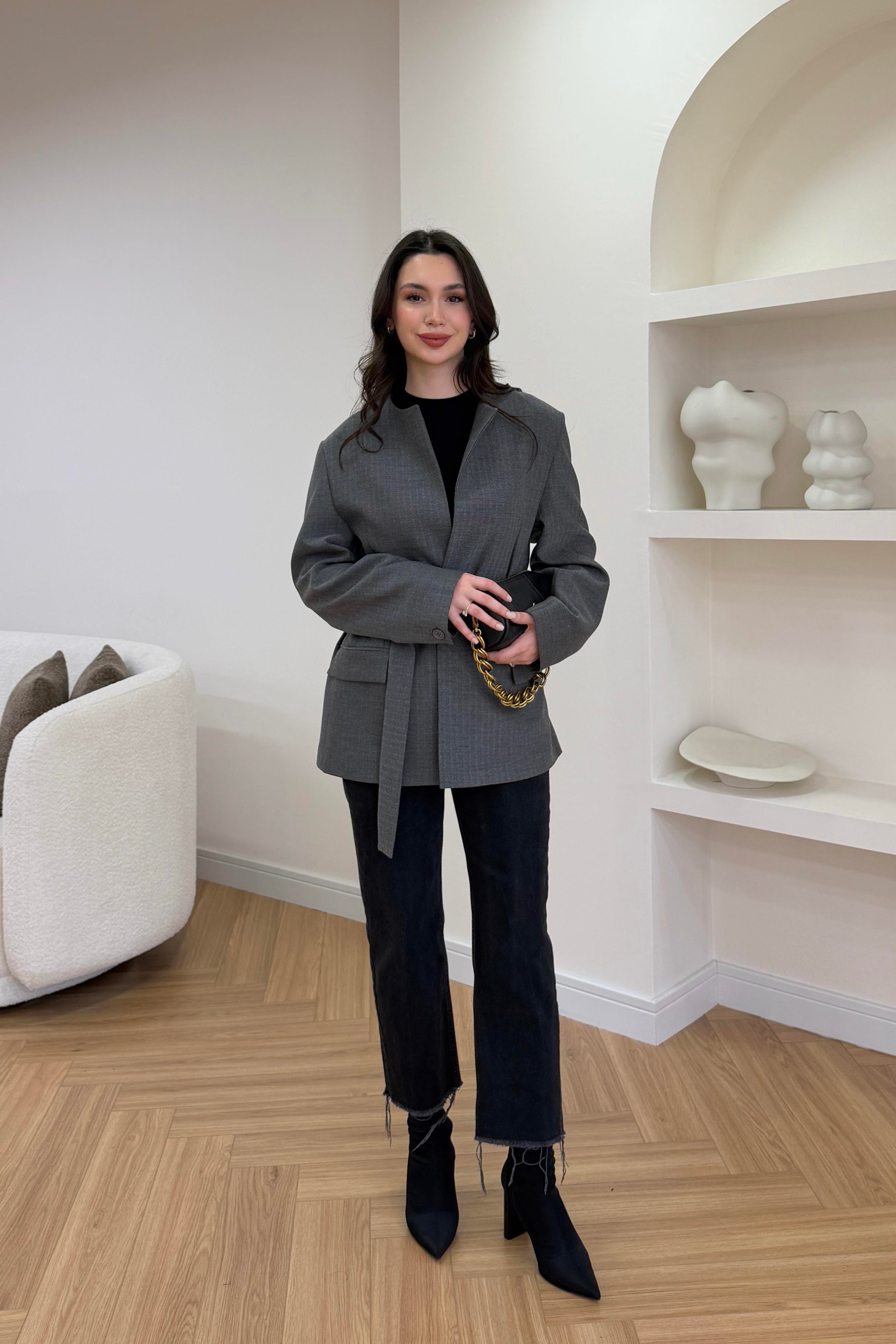 VERA KEMERLİ VATKALI CEKET- GRİ