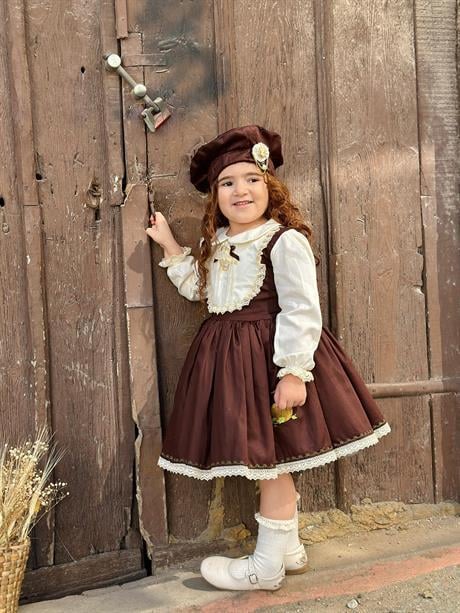 Balkabağı Kahve Retro Vintage Kız Bebek Elbisesi Özel Dikim Kız Çocuk Elbisesi Doğum Günü Elbisesi