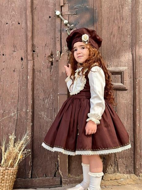 Balkabağı Kahve Retro Vintage Kız Bebek Elbisesi Özel Dikim Kız Çocuk Elbisesi Doğum Günü Elbisesi