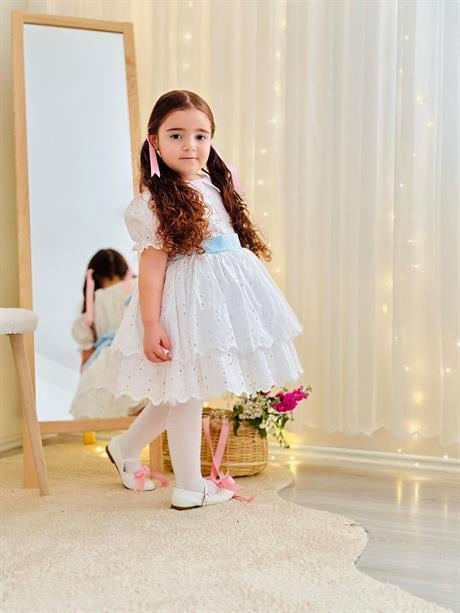Beyaz Mavi Kemerli Vintage Elbise, Özel Dikim Çocuk Elbisesi, Doğum günü elbisesi,0-12 Yaşa Uygun
