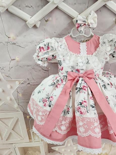 Beyaz Pembe Çiçek Vintage Kız Bebek Elbise,Doğum günü elbise, fotoğraf çekim elbise,0-12 Yaşa Uygun